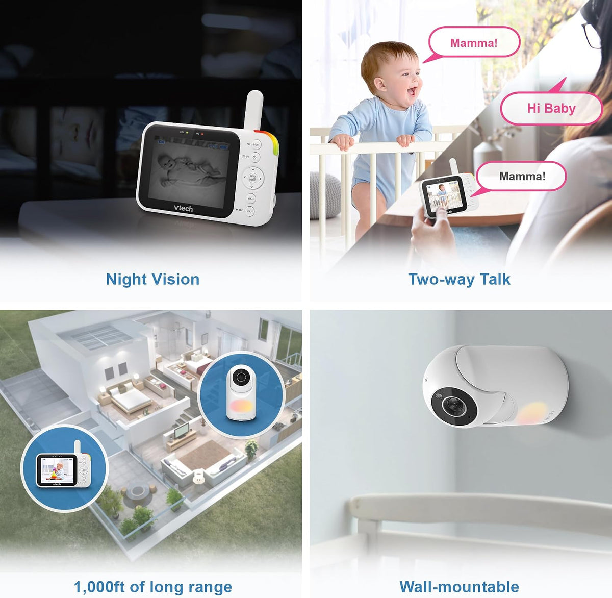VTech Video Baby Monitor with Camera and Audio, 3.5" LCD Screen, Pan-Tilt-Zoom, 2-Way Talk, VOX Mode, Night Light, Lullabies, Soothing Sounds, Temperature Sensor, Long Range, No WiFi: VM4263 (White)