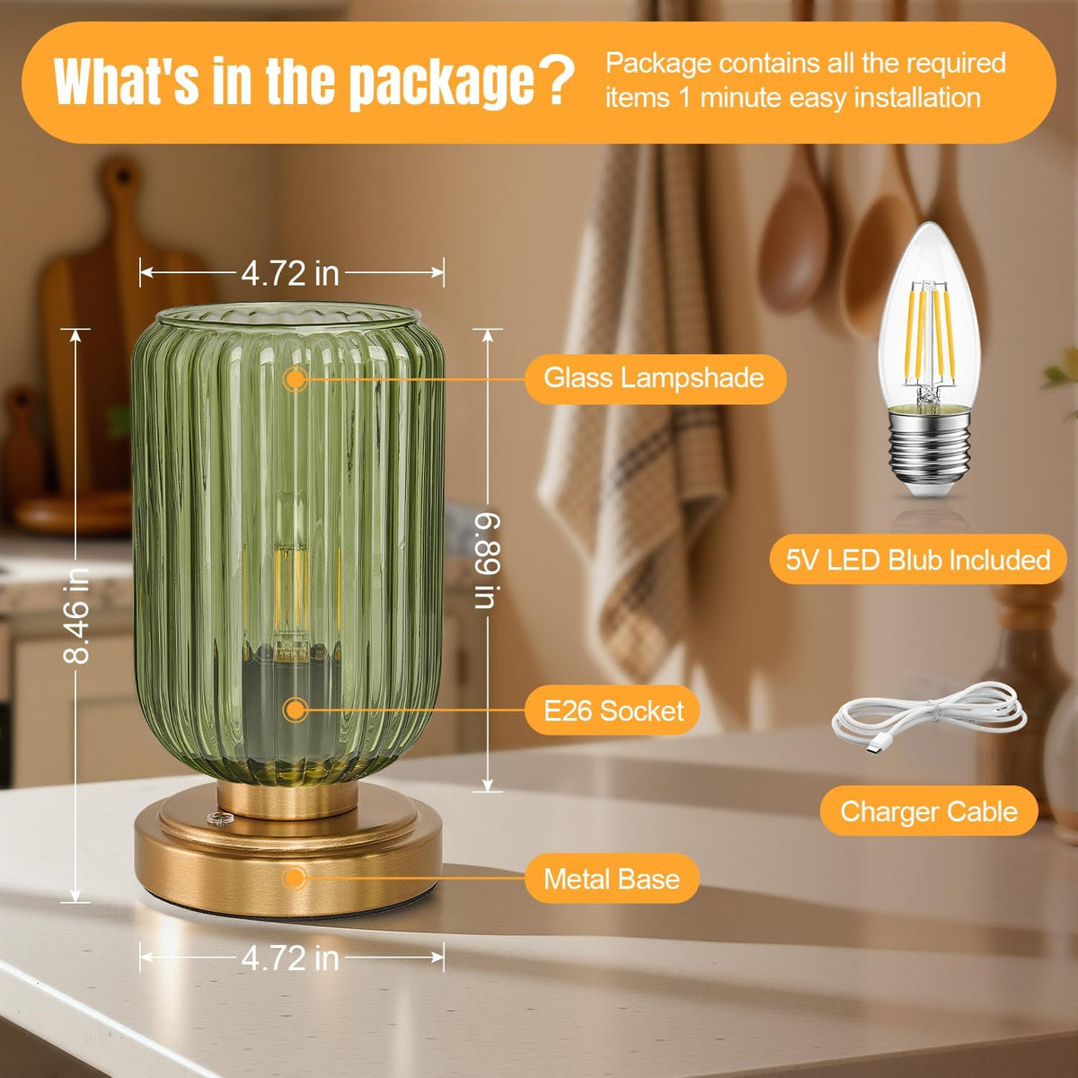 LightRound Cordless Table Lamp for Bedroom, 7500mAh Rechargeable Battery Operated Lamp, Modern Touch Dimmable Wireless Lamp Gold Base Green Glass Shade for Living Room, Desk, Led Bulb Included