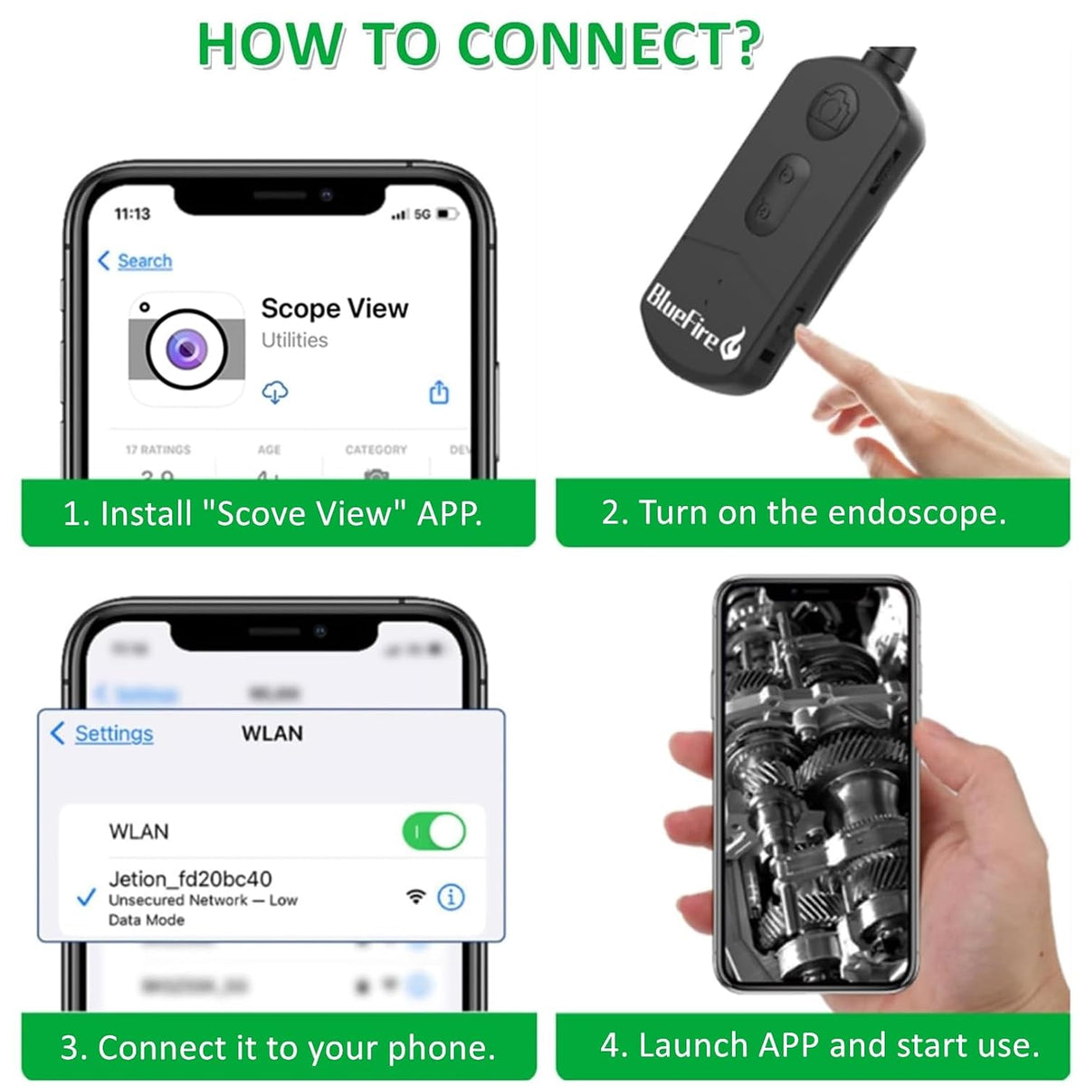 BlueFire 1080P Wireless Endoscope Camera, 5.5mm HD Borescope | 11.5FT Semi-Rigid Snake Camera with Adjustable Focus, 6 LED Lights and 1800mAh for Android iOS Phone, Inspection and Repair