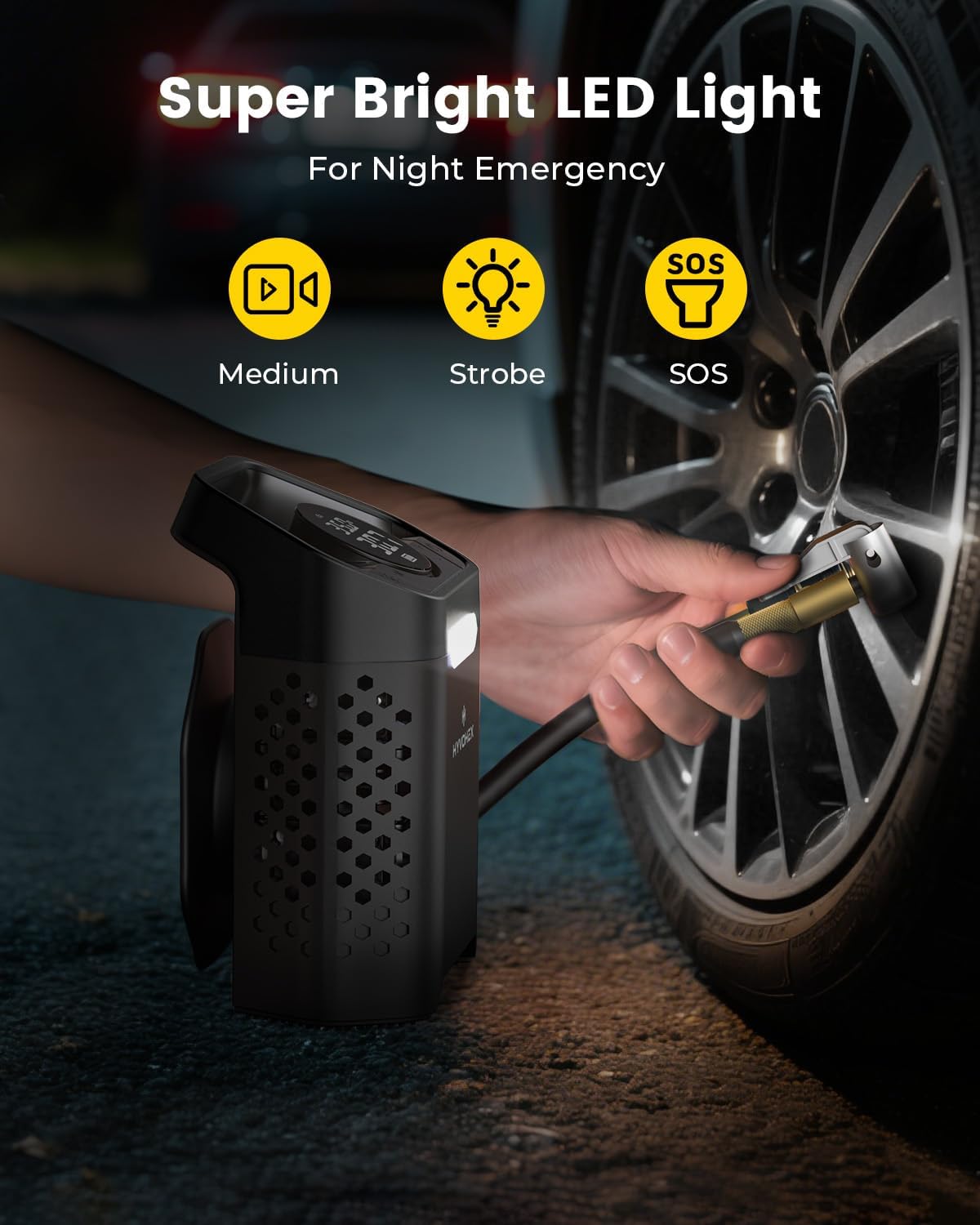 HYVOHEX Portable Air Compressor,160 PSI Cordless Tire Inflator Pump(Black) | Fast 1-Min Inflation with Digital Gauge and LED Light, Compatible with Car, SUV, Bike and Inflatable Balls