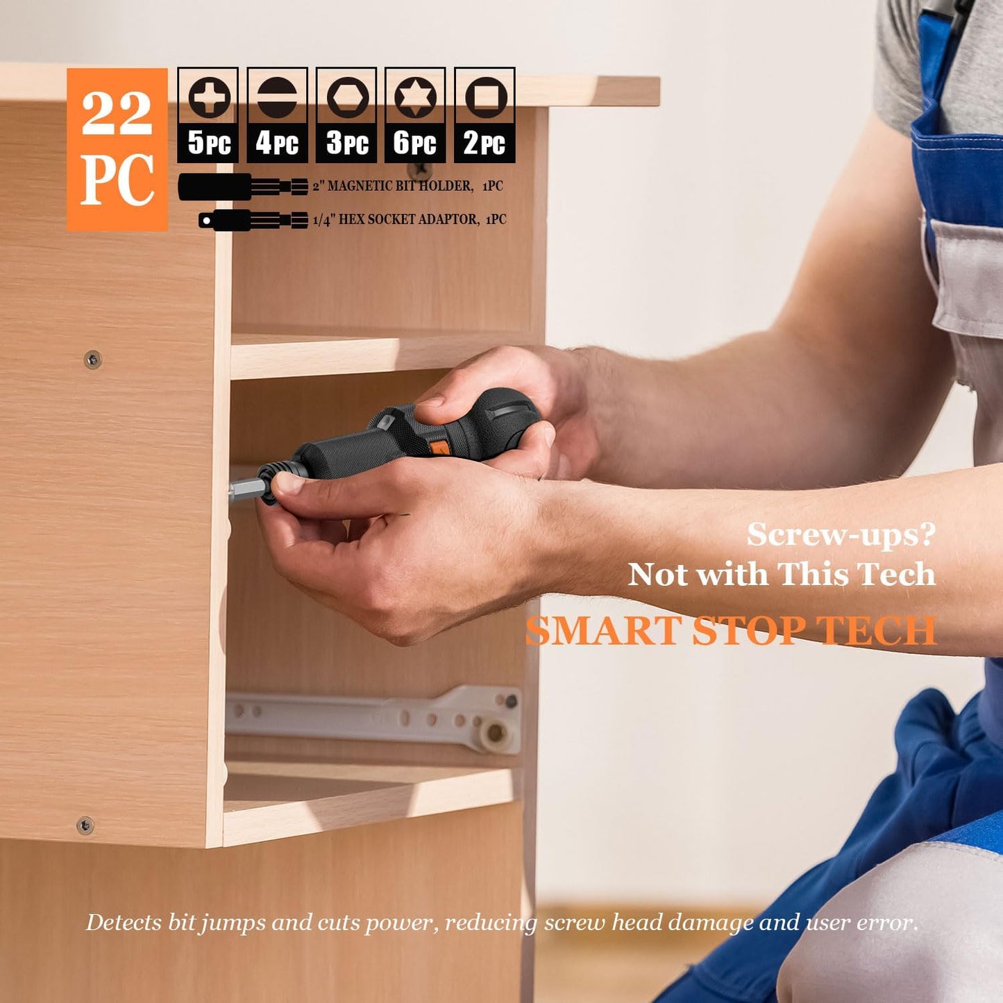 4V Electric Screwdriver Cordless Set, 5" Compact | 400RPM, USB C Rechargeable, 3-Speed, 3-Torque, 22PC Magnetic Bits, Dual LED Light for Tight Space Small Projects