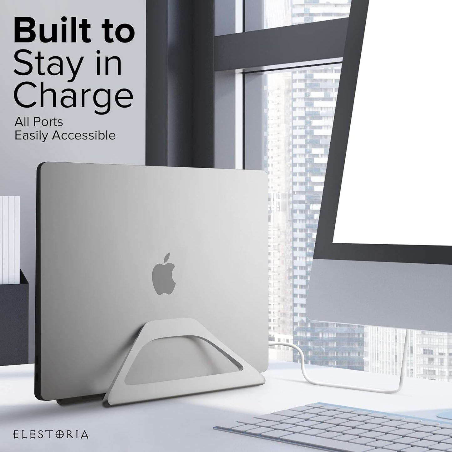 Elestoria Aluminum Vertical Laptop Stand with Gravity Auto-Lock – Adjustable Laptop Holder Vertical fits MacBook Pro/Air, Chromebook & Gaming Laptops up to 17.3" – Space-Saving Desktop Dock - Silver