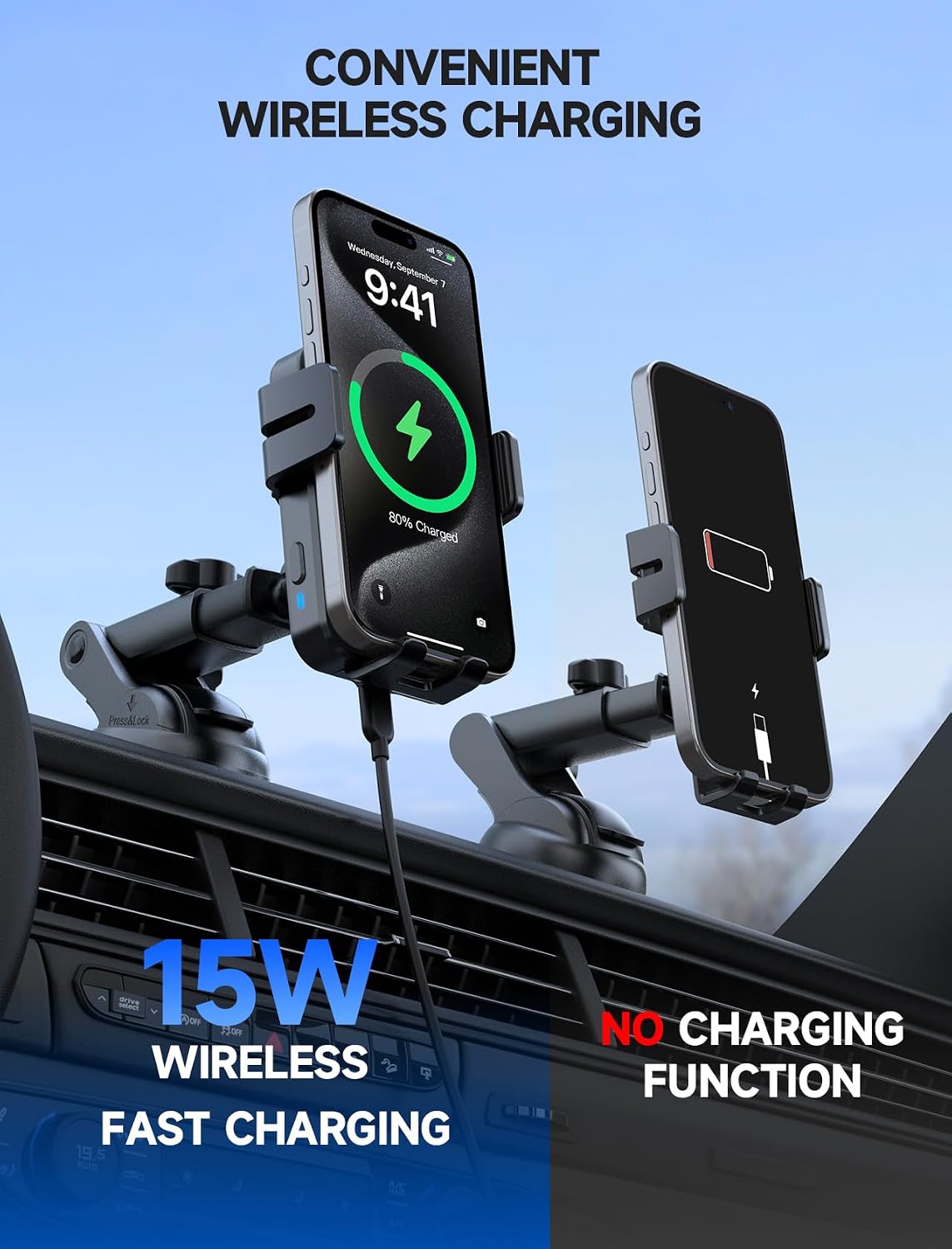 Wireless Car Charger 15W Auto Clamping Phone Holder Dash Windshield Vent | Car Charger Compatible with iPhone 17 16 15 14/13/13 Pro/12 pro/12/11/X/8, Samsung S24/S23/S22