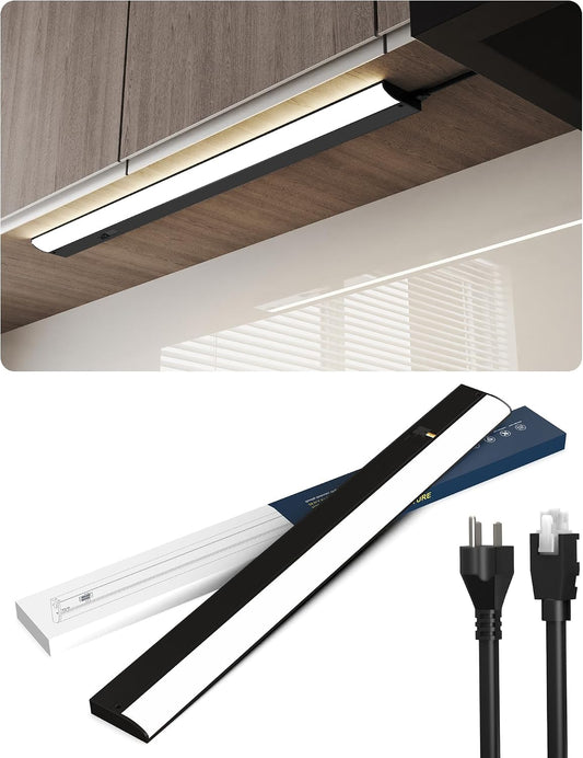 24 Inch LED Under Cabinet Light, Plug in Kitchen Lighting, 3CCT Selectable (3000K/4000K/5000K), CRI94 High Color Accuracy, Linkable, Slim Design Dimmable, Black