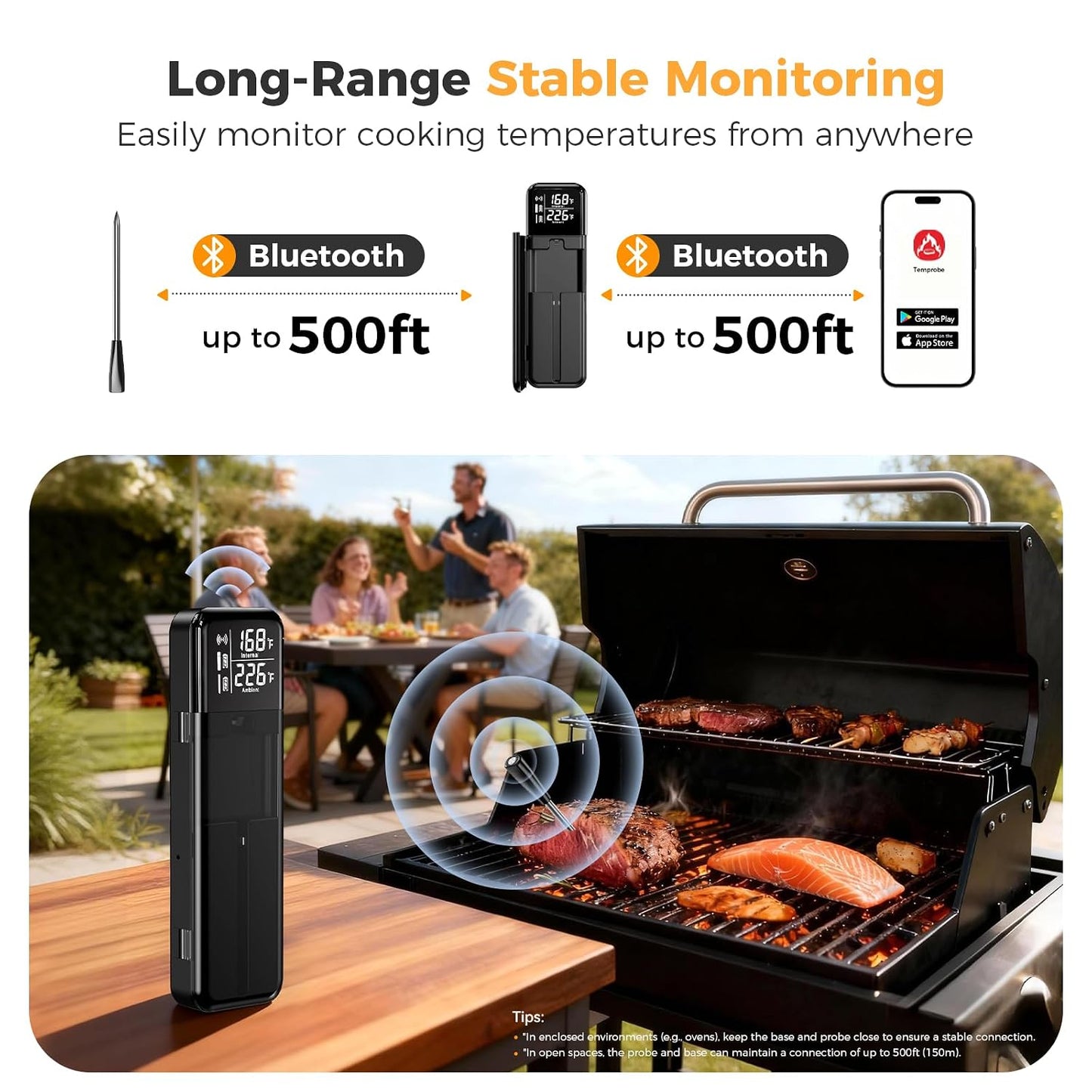 Smart Wireless Meat Thermometer, Digital Cooking Thermometer with Dual High-Accuracy Sensors, Ceramic Heat-Resistant Probe, Instant Read LCD & App Control for Kitchen,BBQ, Oven,Grill,Air Fryer, Black