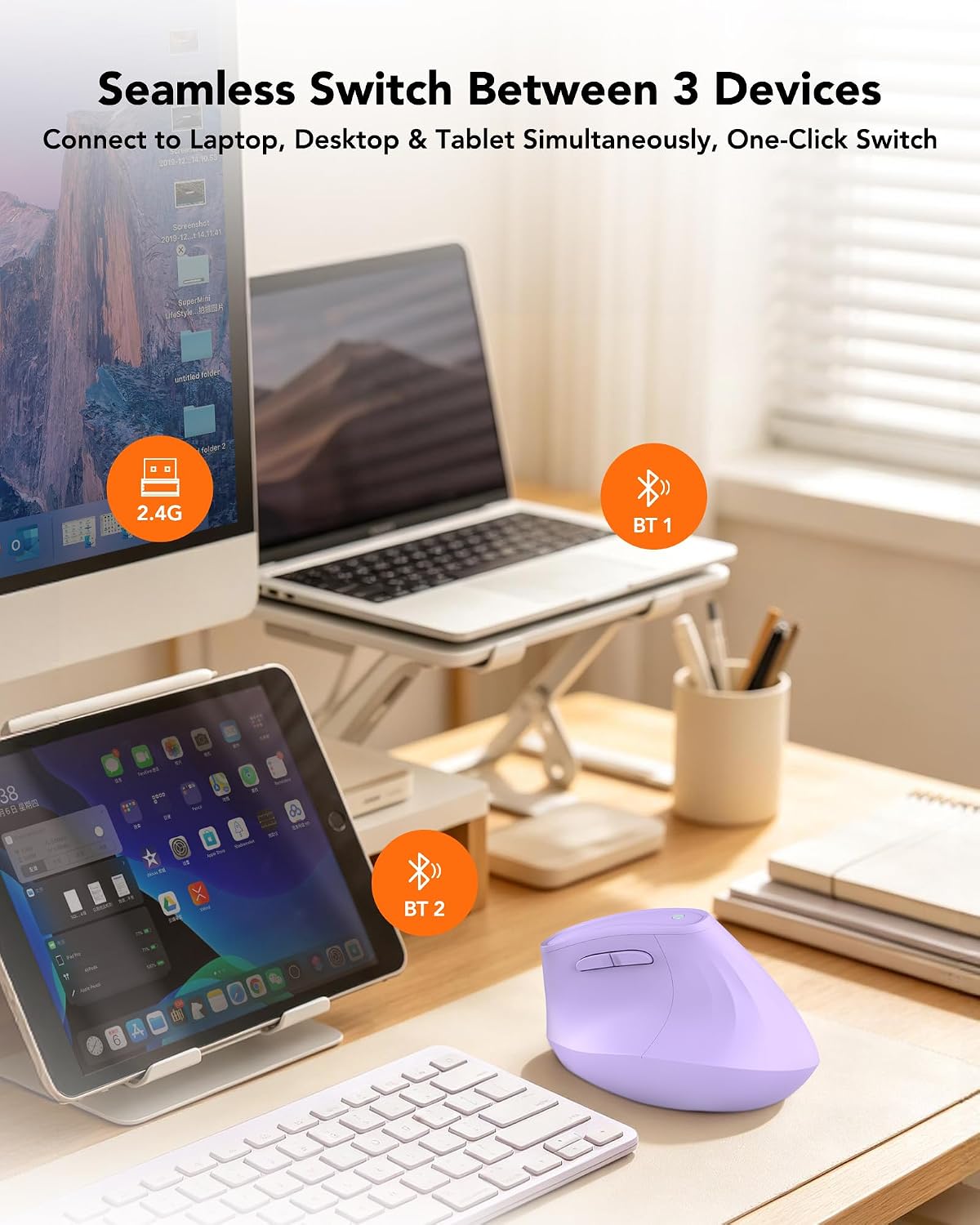KYSONA Ergonomic Mouse Wireless, Bluetooth Vertical Mouse, 5-Level Adjustable DPI, 2.4G Silent Switch Mice for Windows, MacOS, IPadOS, Laptop, PC, Purple