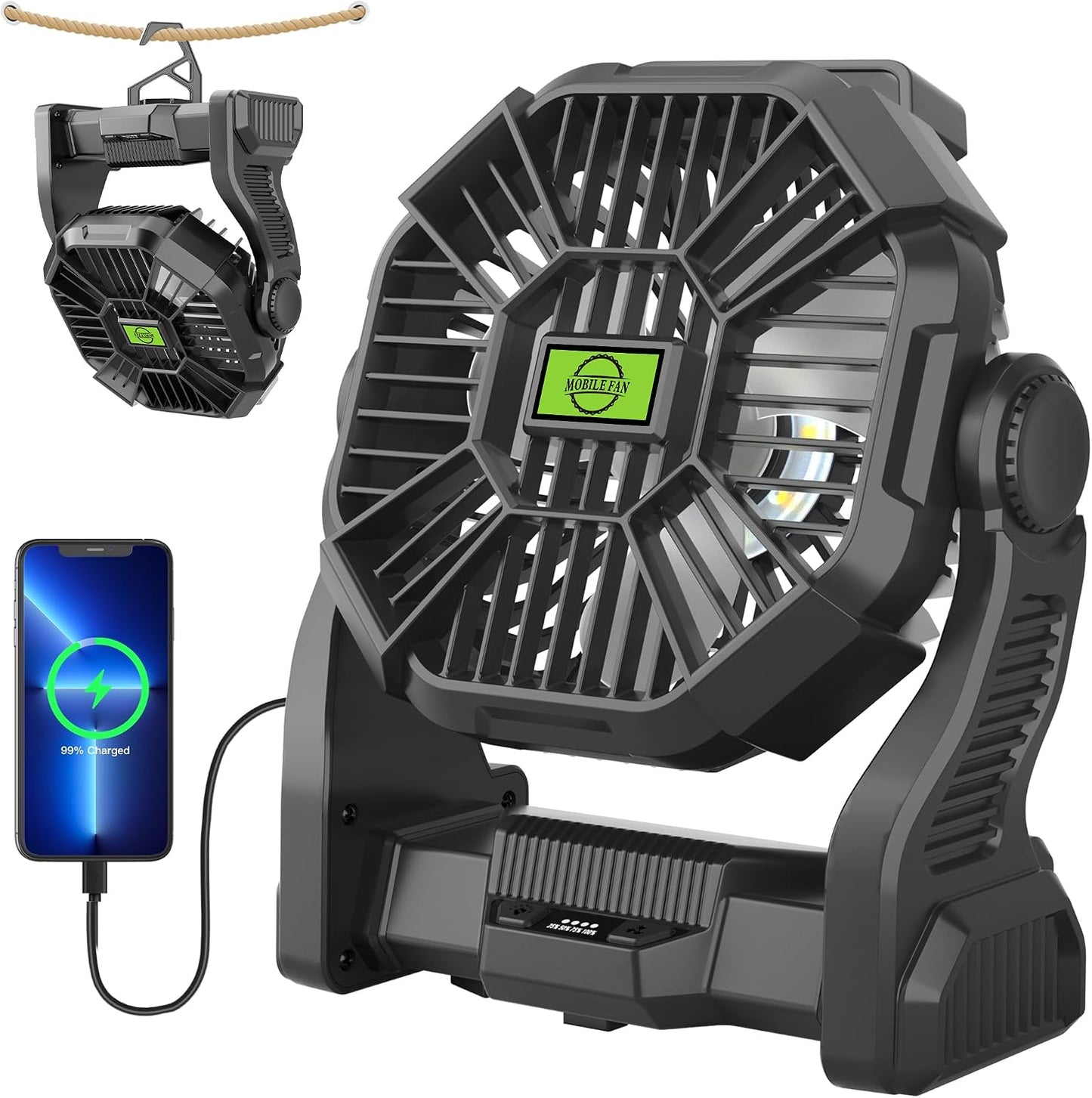 Rechargeable Portable Camping Fan for Tent with LED Light, 20000mAh USB Personal Battery Powered Fan Outdoor Camping Essentials Battery Operated Portable for Travel Beach Essentials X23 Black
