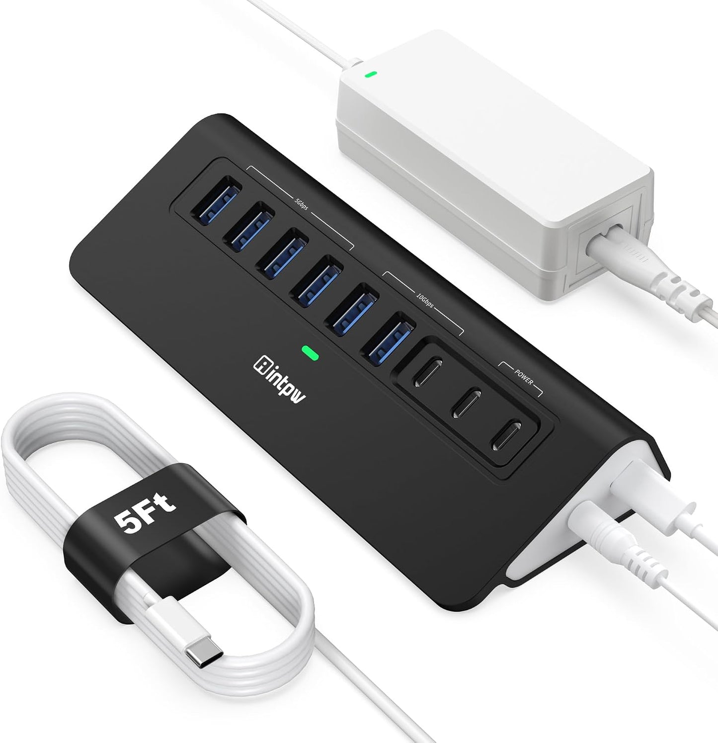 Powered USB Hub 10Gbps, intpw 9-Port USB 3.2 Hub, USB C Hub with USB A/USB C 3.2, 4 USB 3.0, 2 PD 45W Charging Ports, 65W Power Adapter and 3.3FT Cable, Aluminum USB Hub for PC,Laptop,iPhone 17/16/15