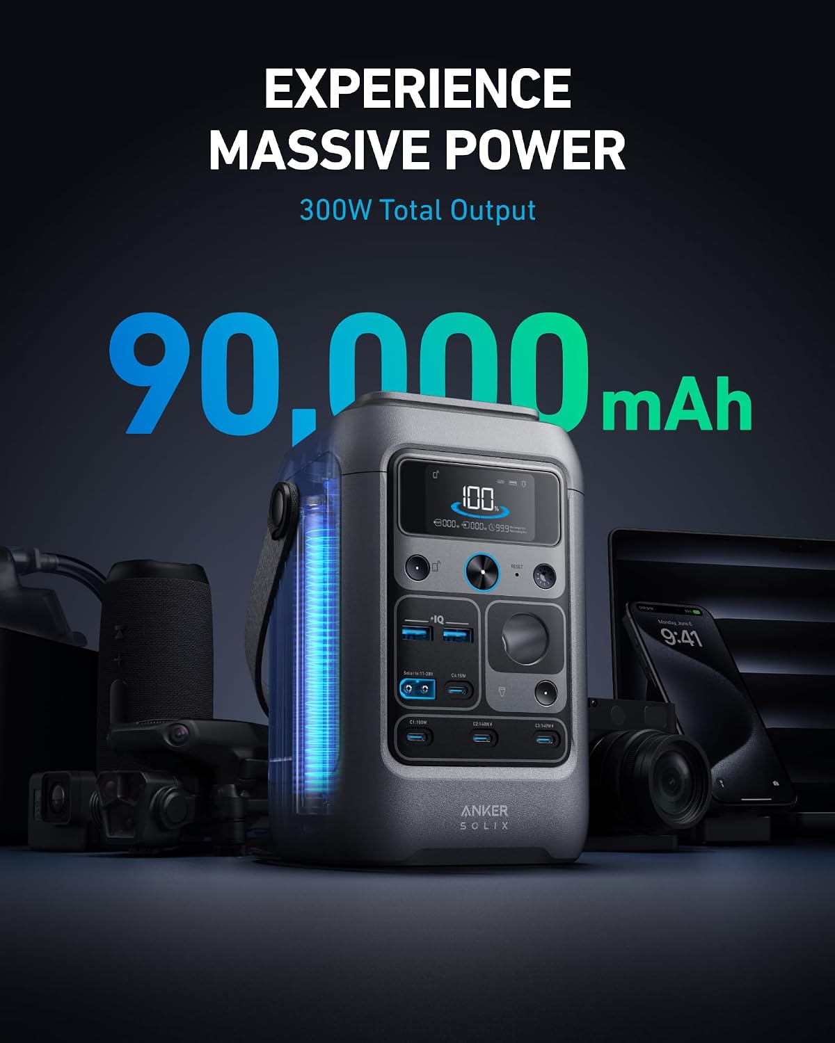 Anker SOLIX C300 DC Portable Power Station with Adjustable Strap,Outdoor 288Wh, Portable Power Station, LiFePO4 Battery, 300W Solar Generator, for Camping, Traveling, and Emergencies.
