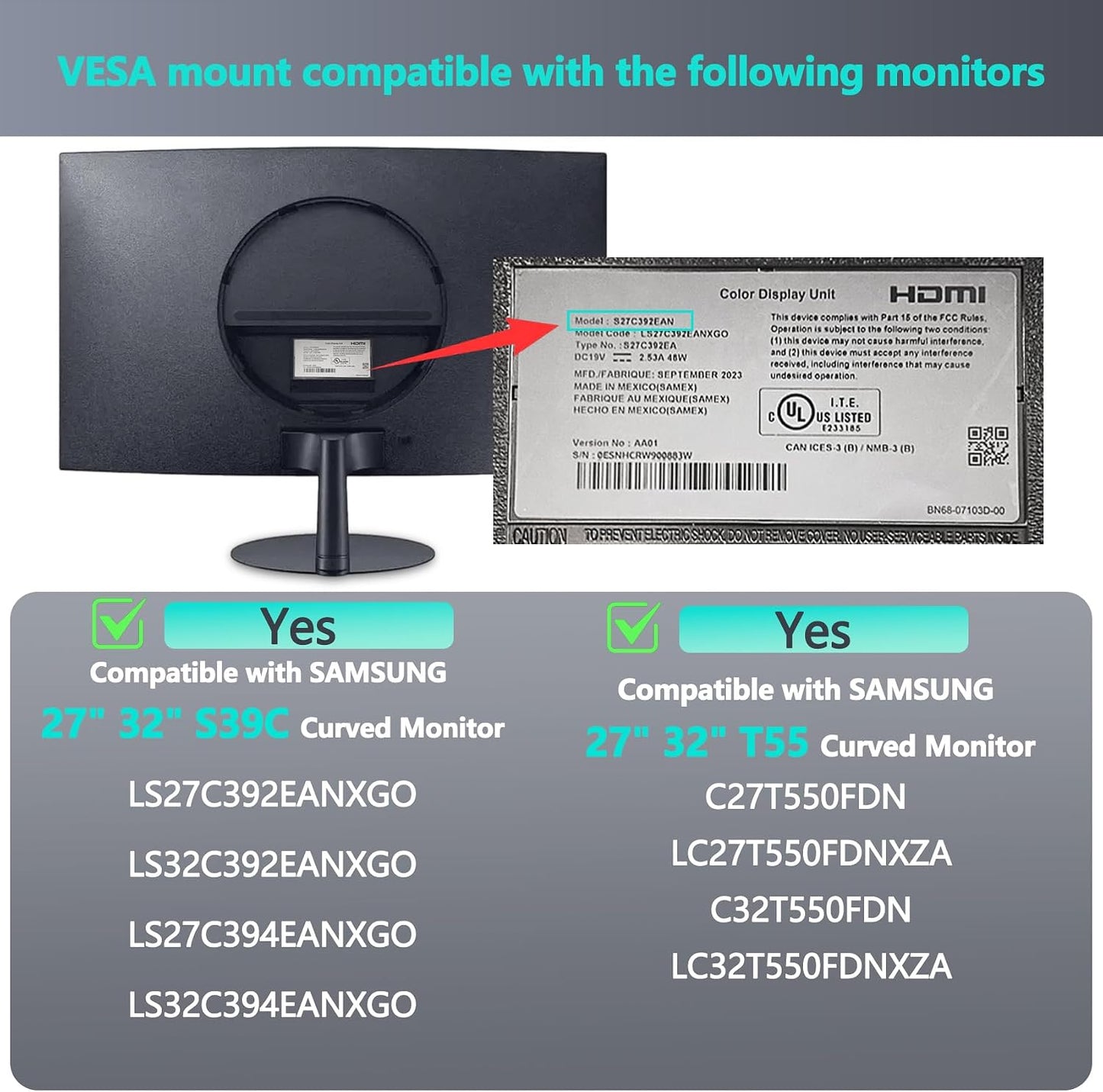 S39C Mount Adapter Compatible with Samsung 27" 32" S39C T55 Monitor | T55 VESA Adapter for LC27T550FDNXZA, LC32T550FDNXZA, LS27C394EANXGO, LS32C394EANXGO, LS27C392EANXGO, LS32C392EANXGO Monitor）