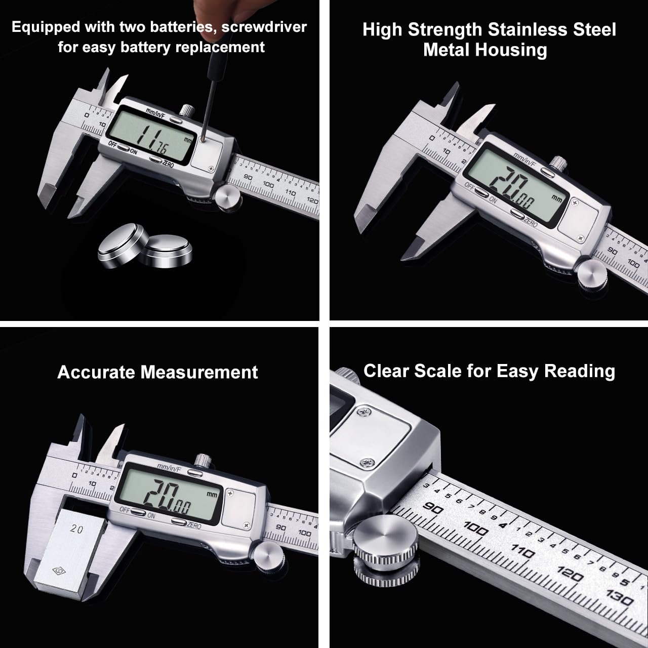 Kynup Digital Caliper, Caliper Measuring Tool, Micrometer, Full Turn Off | Auto-Off Feature, Stainless Steel, Large LCD Screen, Switch from Inch/Metric/Fraction, Black(6Inch/150MM)
