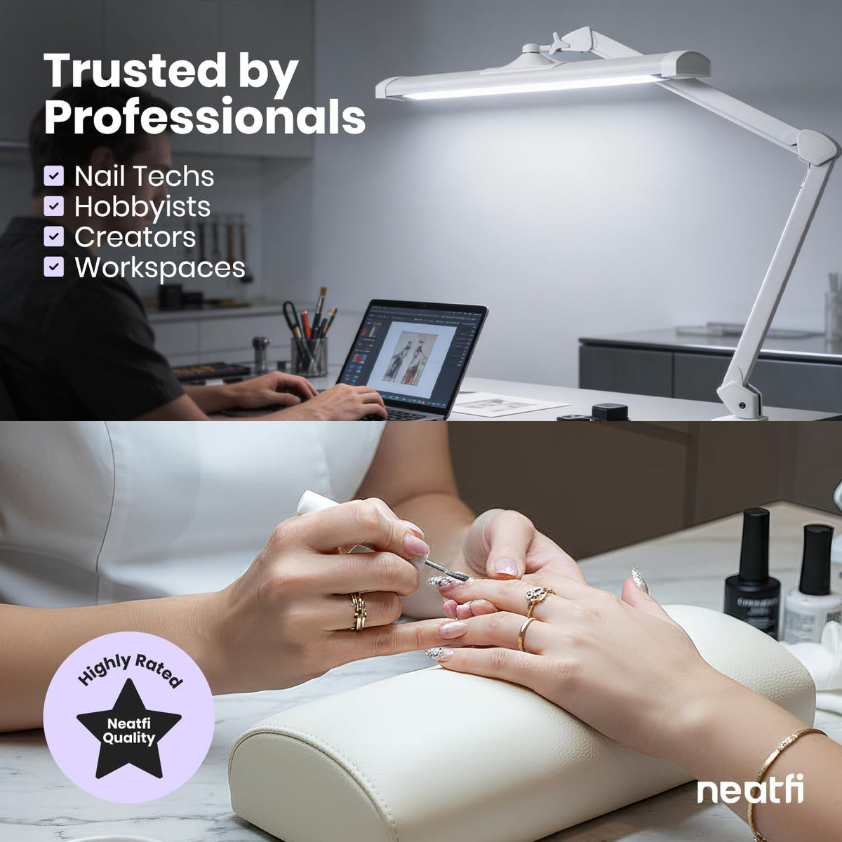Neatfi Ultra 3,500 Lumens LED Desk Lamp with Clamp – 45W, 270 SMD LEDs, Shadow-Free | Adjustable Brightness | Task Light for Nail Tech, Crafts, Reading, Office & Workbench (White, 26-Inch Wide Shade)