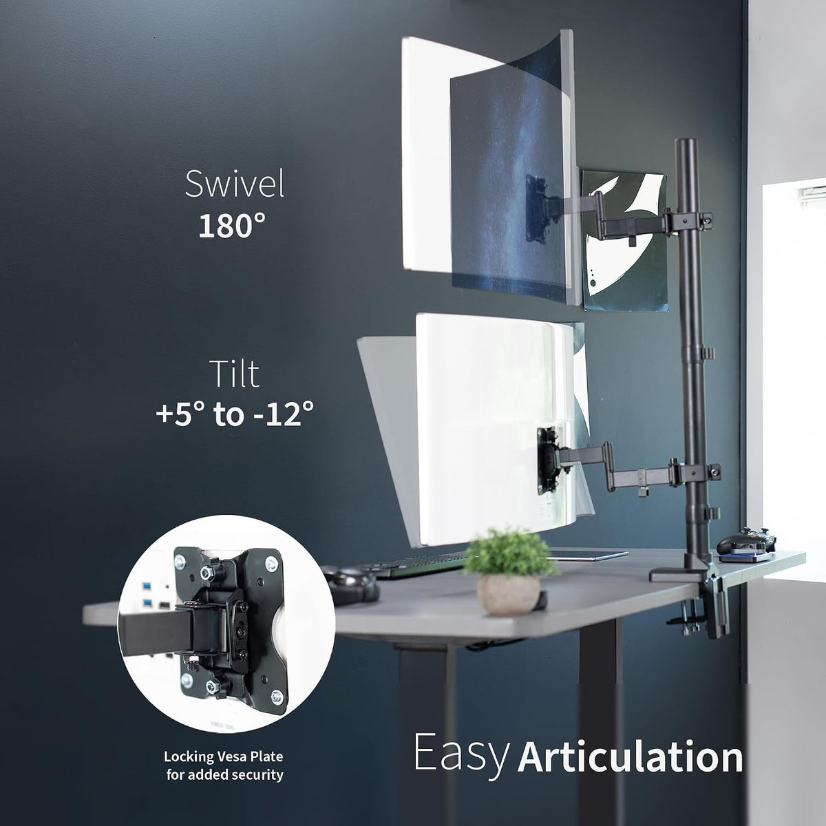 VIVO Dual Vertically Stacked Ultra-Wide Monitor Desk Mount with Extension Arms, Extra Tall Heavy Duty Adjustable Stand for 2 Ultrawide Screens up to 43 inches, 50 lbs Capacity, Black, STAND-V202T
