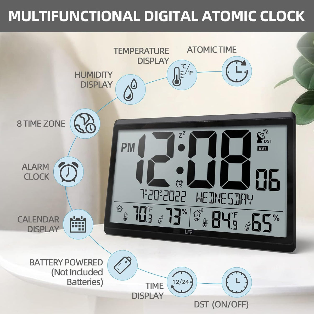LFF Atomic Clock/Never Needs Setting, Battery Operated, Atomic Wall Clock with Indoor/Outdoor Temperature & Humidity, Wireless Outdoor Sensor, 15" Digital Wall Clock with 4.5" Numbers Easy-to-Read