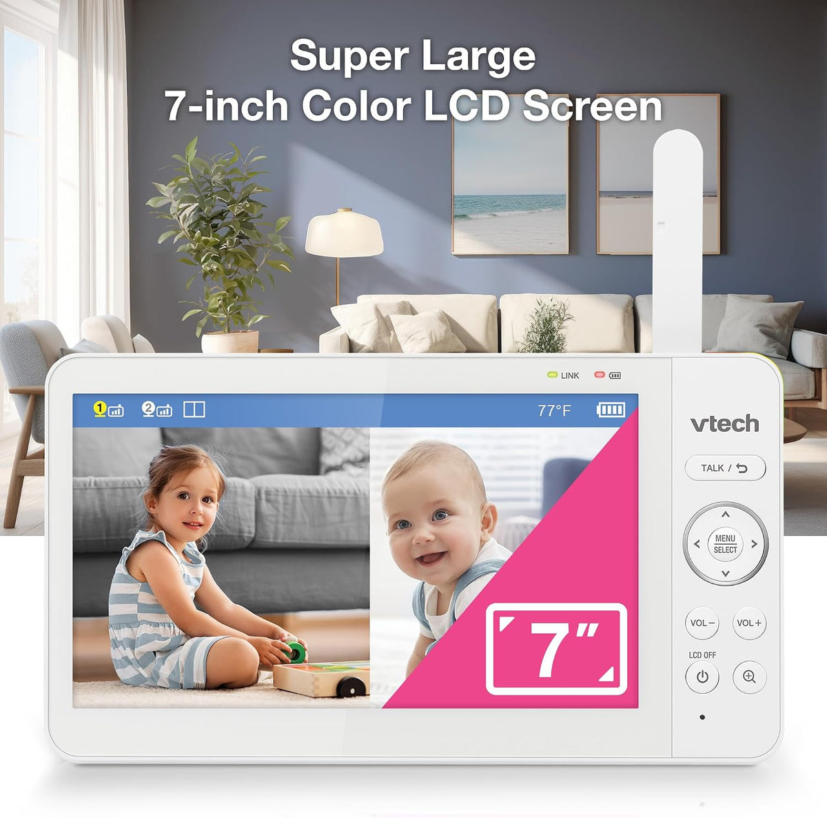 VTech Baby Monitor No WiFi, 2 Cameras, 7" Split IPS Screen, 5000mAh 12Hr Battery, 360° Pan Tilt Zoom, Night Vision, Night Light| Advanced Max Twin Blue
