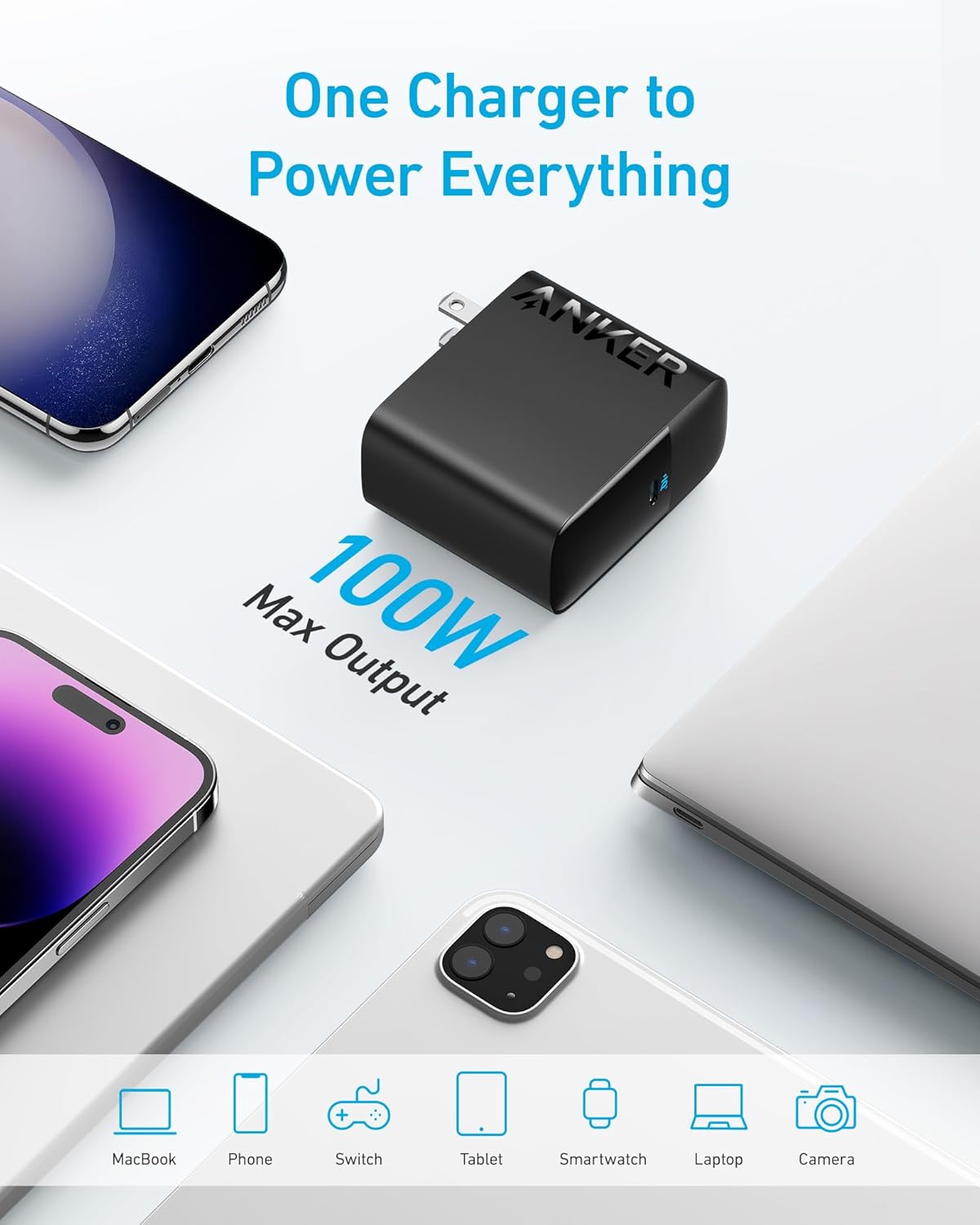 Anker Laptop Charger, Compact Foldable 100W USB C Charger with 5FT Cable | High-Speed for MacBook Pro/Air, Samsung Galaxy, iPhone 17/16, iPad Pro, and More