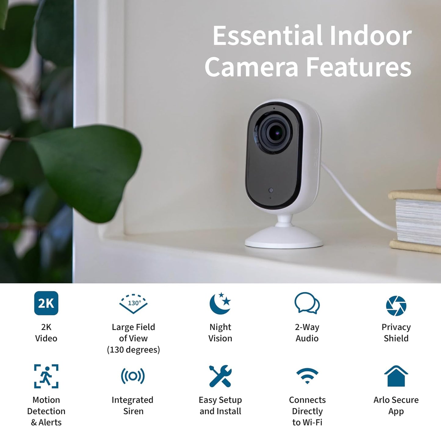 Arlo Essential Indoor Security Camera 2K (2nd Gen, 2023 Release) - Wired Plug-in Power, Person Recognition, Animal Detection, 1-Month Trial of Secure Plan, Automated Privacy Shield, 1 Cam, White