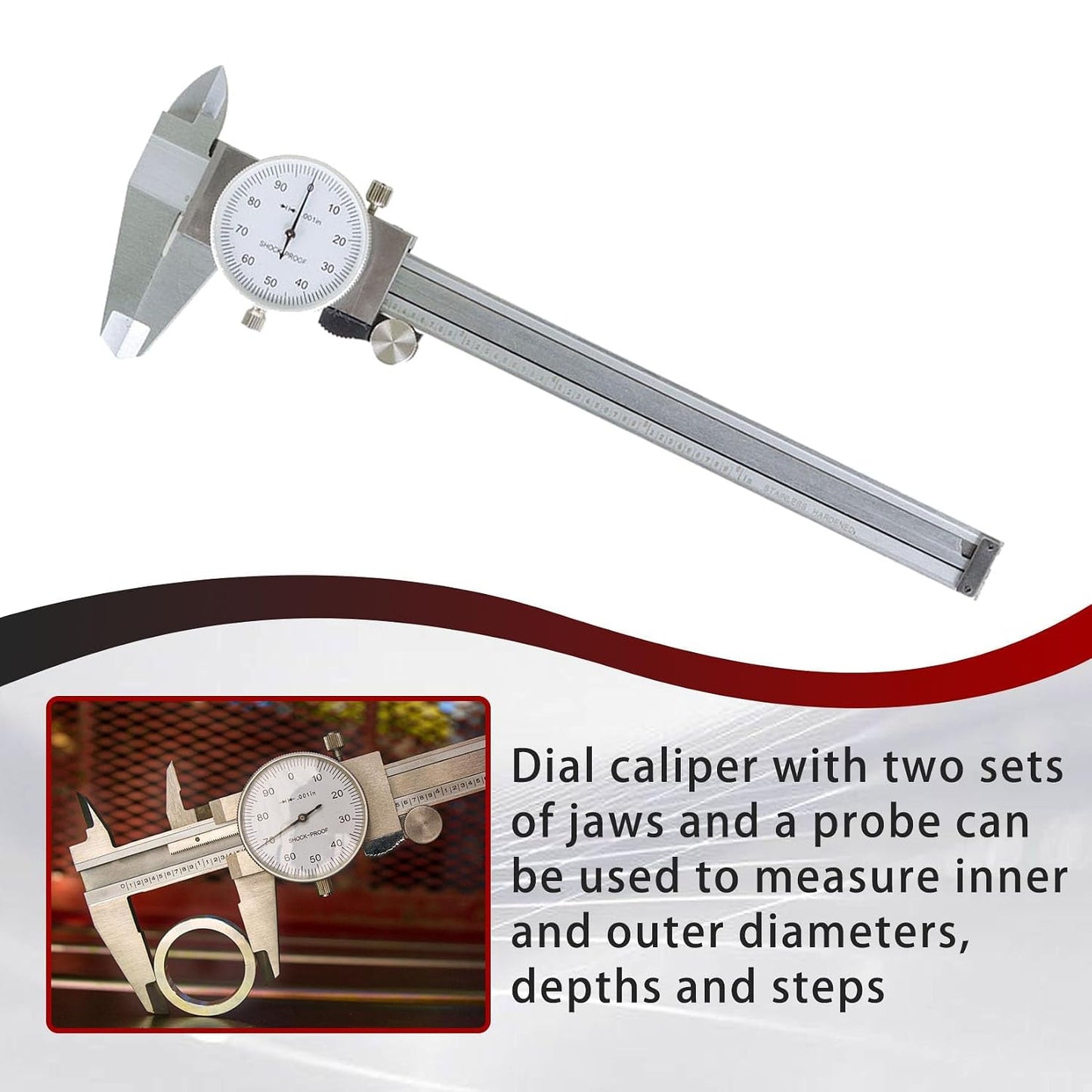 findmall 6" Dial Caliper 0.001 Stainless Steel Caliper Measuring Tool 4-Way Measurement with Plastic Case