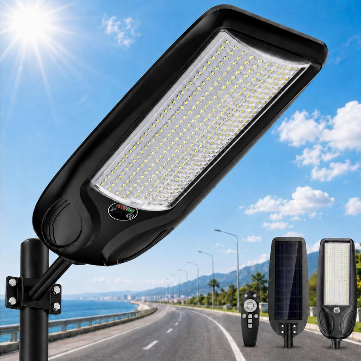 Solar Street Lights Outdoor Waterproof, 30000W Commercial Solar Pole Light with Motion Sensor Remote Control, Dusk to Dawn Solar Parking Lot Light for Street, Courtyard,Large Area(Extra Large 1 pack)
