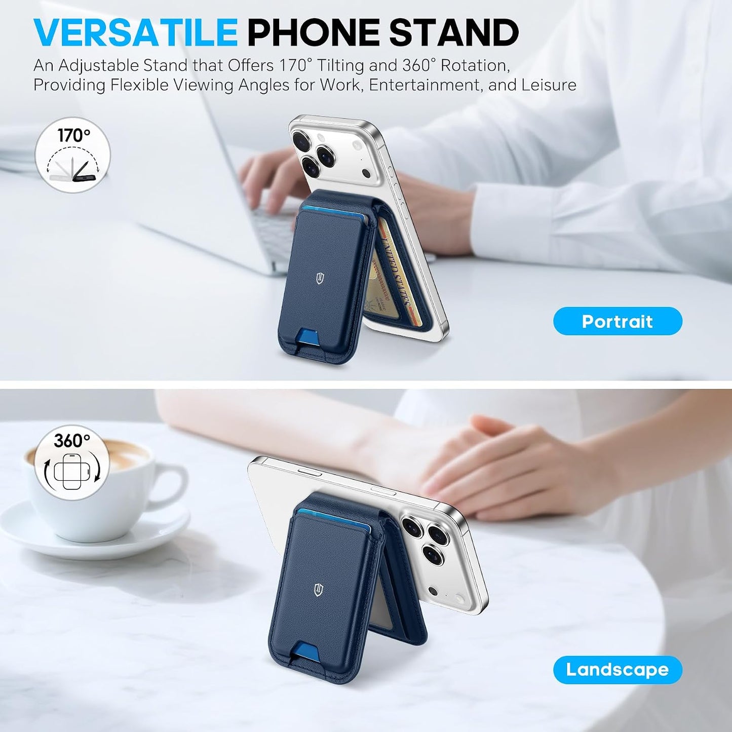 SHIELDON Genuine Leather Magnetic Wallet Stand for MagSafe, Navy Blue | Strong Magnetic, 6 Card Holders, Kickstand, Rfid Blocking, Quick-access, ID Window, for iPhone 17/16/15/14/13/12 Series