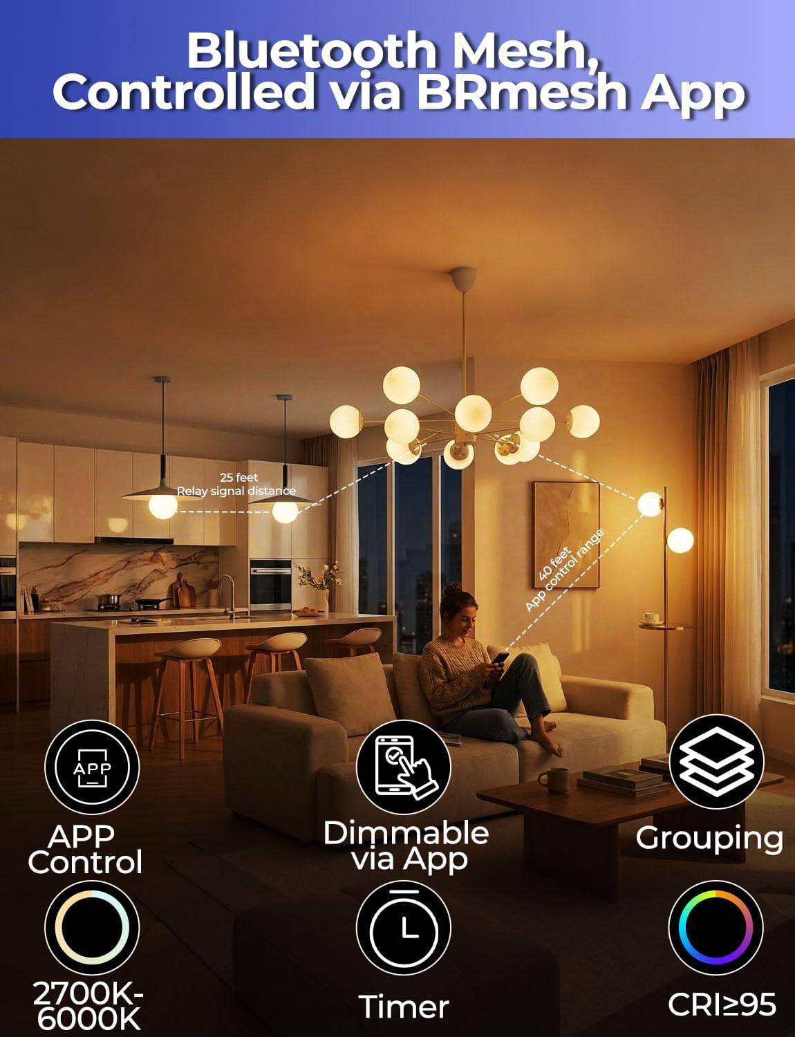 ILC G25 Globe Light Bulbs,BRMESH App-Controlled Bluetooth Mesh LED 6W Round Bulb, 60W Equivatlent, 600LM, CCT: 2700K-6000K, CRI>95+, E26 Base, 120V for Pendant fixtures, Vanity, Bathroom (6 Pack)