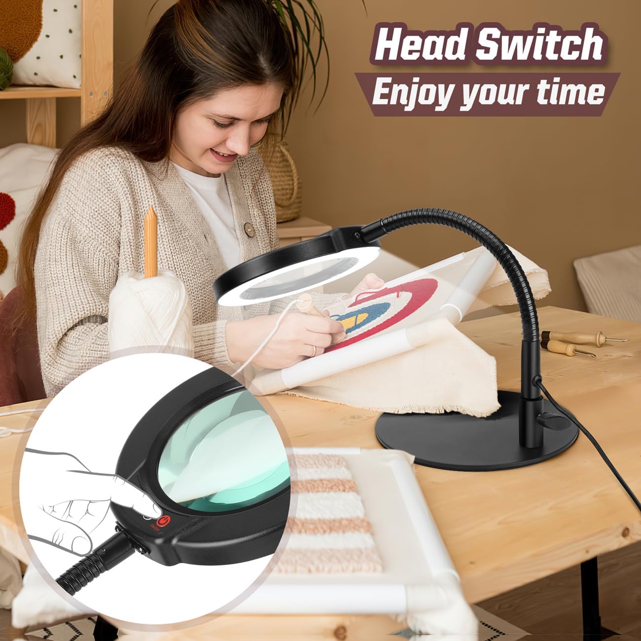 10X Magnifying Glass with Light and Stand, 5 Color Modes Stepless Dimmable LED Lighted Desk Lamp, Hands Free Magnifier with Flexible Goose-Neck for Craft Hobby Painting Sewing Close Work