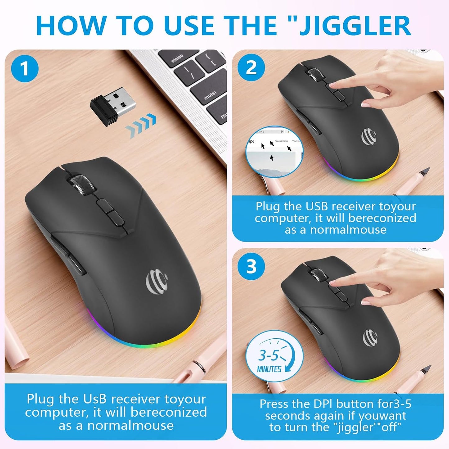 Wireless Mouse, Bluetooth Rechargeable Mouse, Dual Mode BT 5.2 + 2.4G USB Silent Wireless Bluetooth Mouse, RGB Ergonomic Design, 3-Level Adjustable DPI Mouse for Laptop, PC, Mac, Ipad, Black