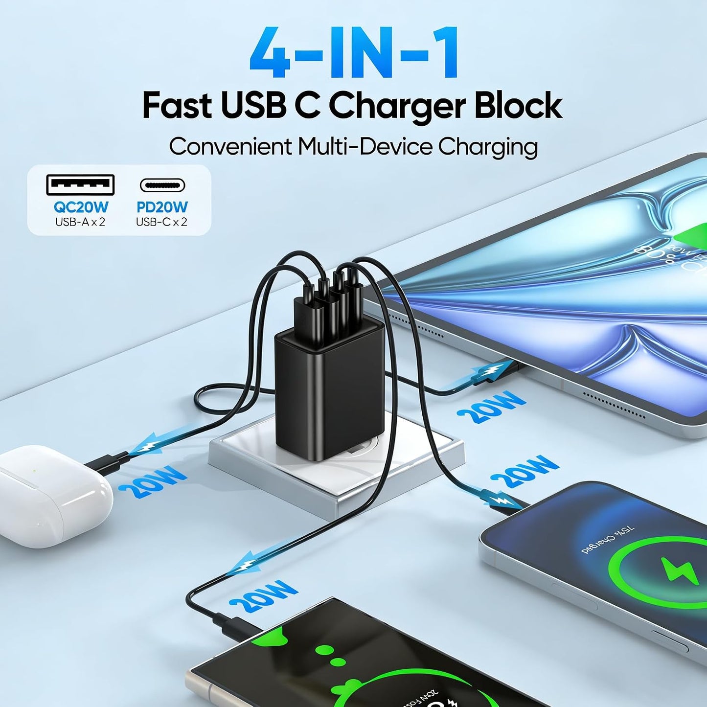 2 Pack USB C Charger Block 60W, 4-Port GaN5 Super Fast Phone Charger, Type C Charging Block PD 20W & QC 20W with 6.6FT USB C Cables for iPhone 17 Air/17/16/15 Pro Max Samsung Galaxy S24