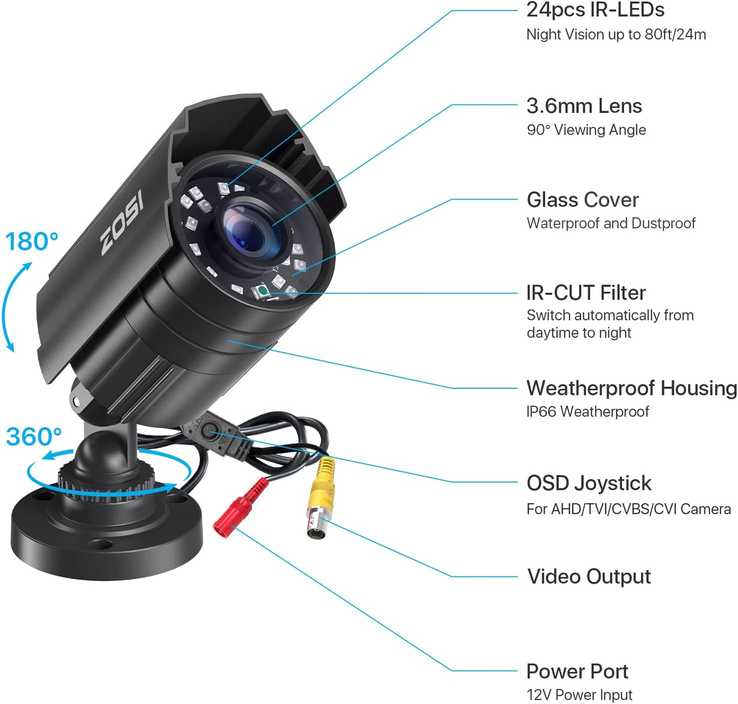 ZOSI 1080P CCTV Camera Outdoor Indoor Hybrid 4 in 1 HD TVI/CVI/AHD/CVBS Home Security Cameras System,Night Vision,Waterproof Metal Housing Bullet Cam For 960H,720P,1080P,5MP,4K analog Surveillance DVR