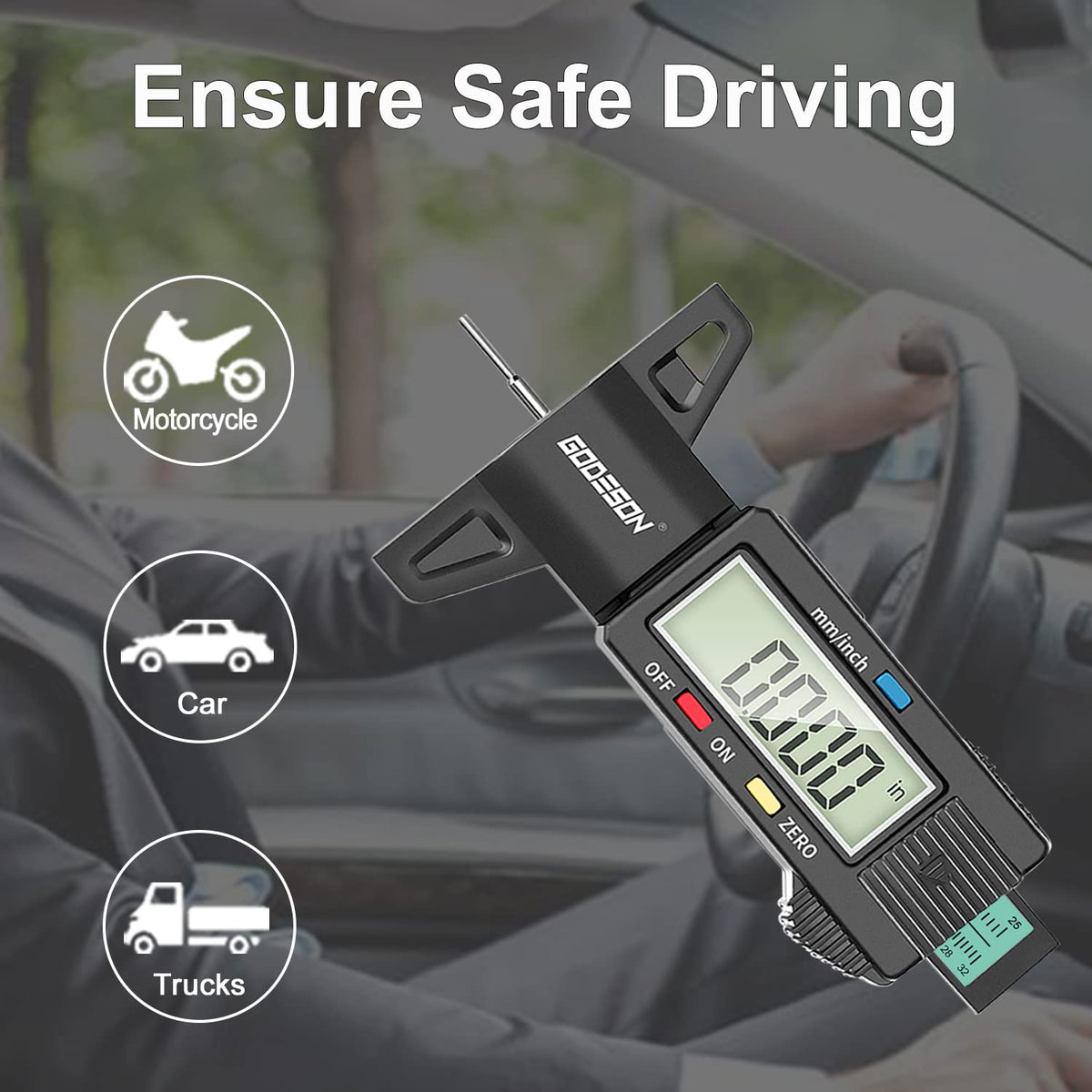 Tire Tread Depth Gauge,Digital Tire Tread Depth Gauge in 1Inch/25.4mm with Color-Coded Bar, Easy Read Tire Depth Gauge for Cars, Trucks, Motorcycles