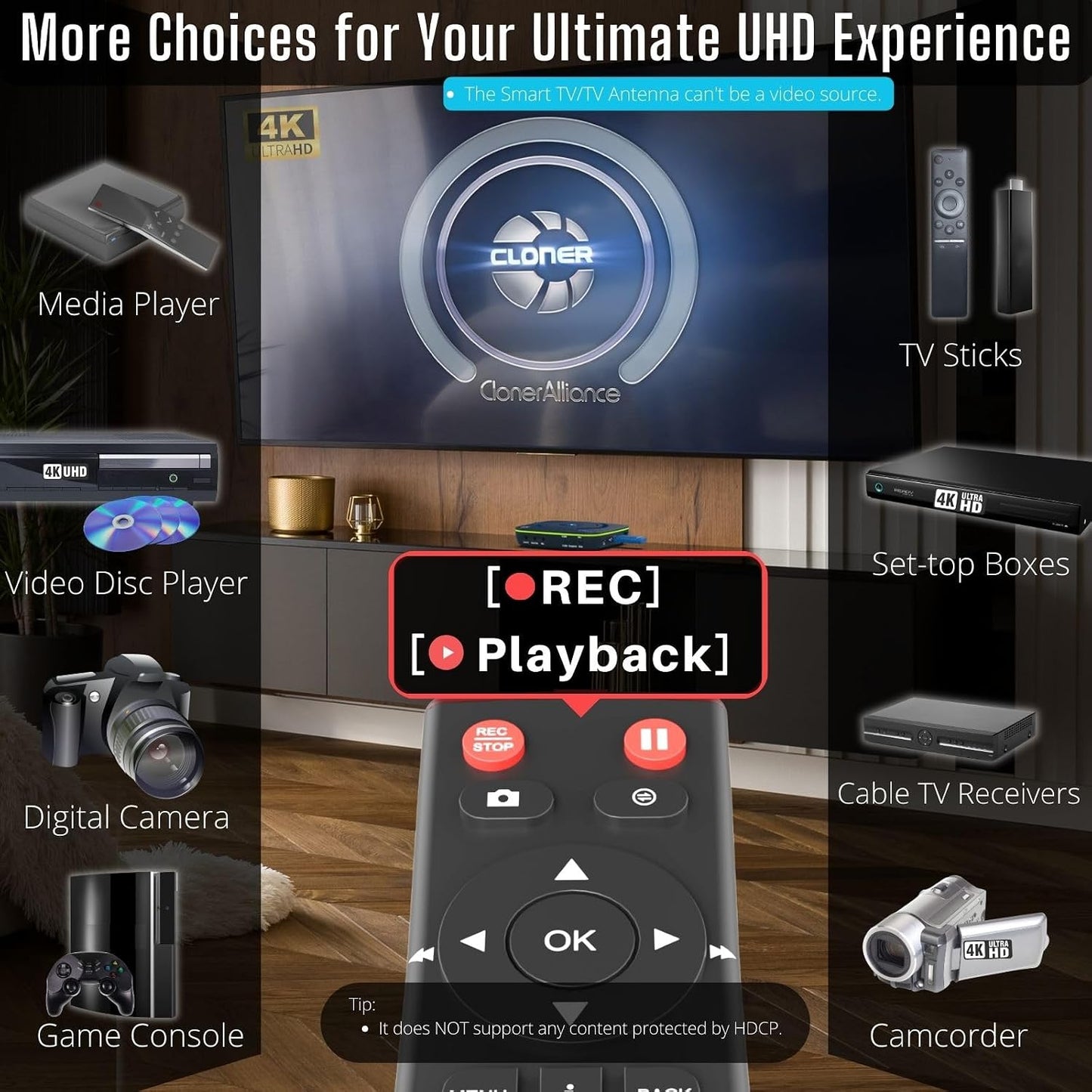 ClonerAlliance UHD Pro, 4K Video Recorder, HDMI Capture DVR with H.265/H.264 Codec, Cinematic 24fps Recording(Up to 30fps), 4K@60fps Passthrough, Pause/Resume Recording.