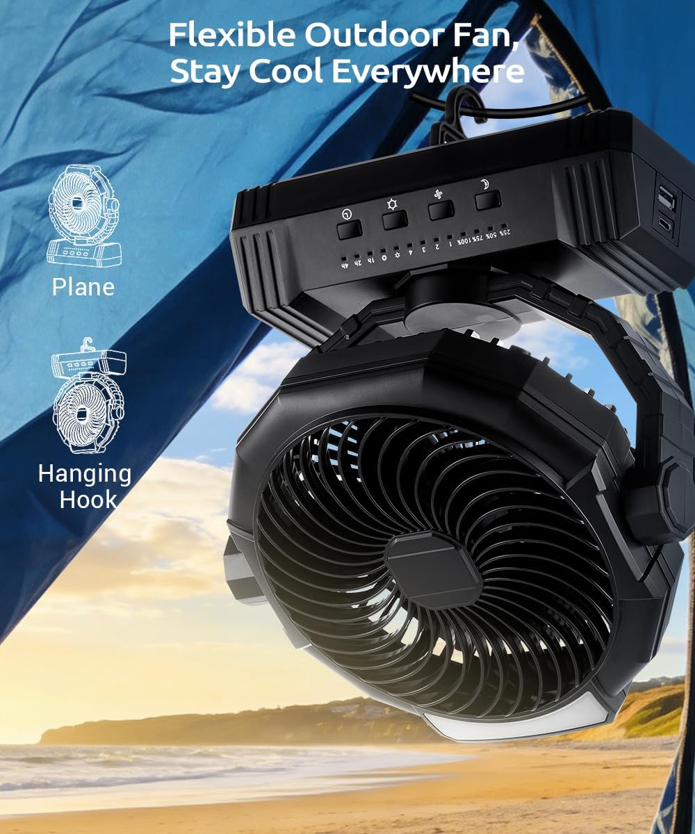 KopBeau Portable Camping Fan, 20000mAh Battery Operated Tent Fan with Light | Up to 60H Run Time, Hanging Hook, LED Lighting & Strong Air Flow, Compact Cordless Fan for Tent, Golf Cart, Beach, RV