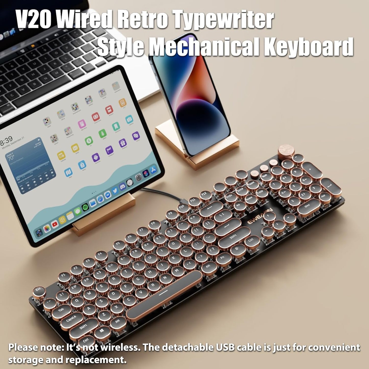 Typewriter Style Mechanical Gaming Keyboard White LED Backlit | 104-Key NKRO White Switches Retro Round Keycaps Gold Rings Volume Knob Metal Panel Wired USB-C Detachable Cable, Black