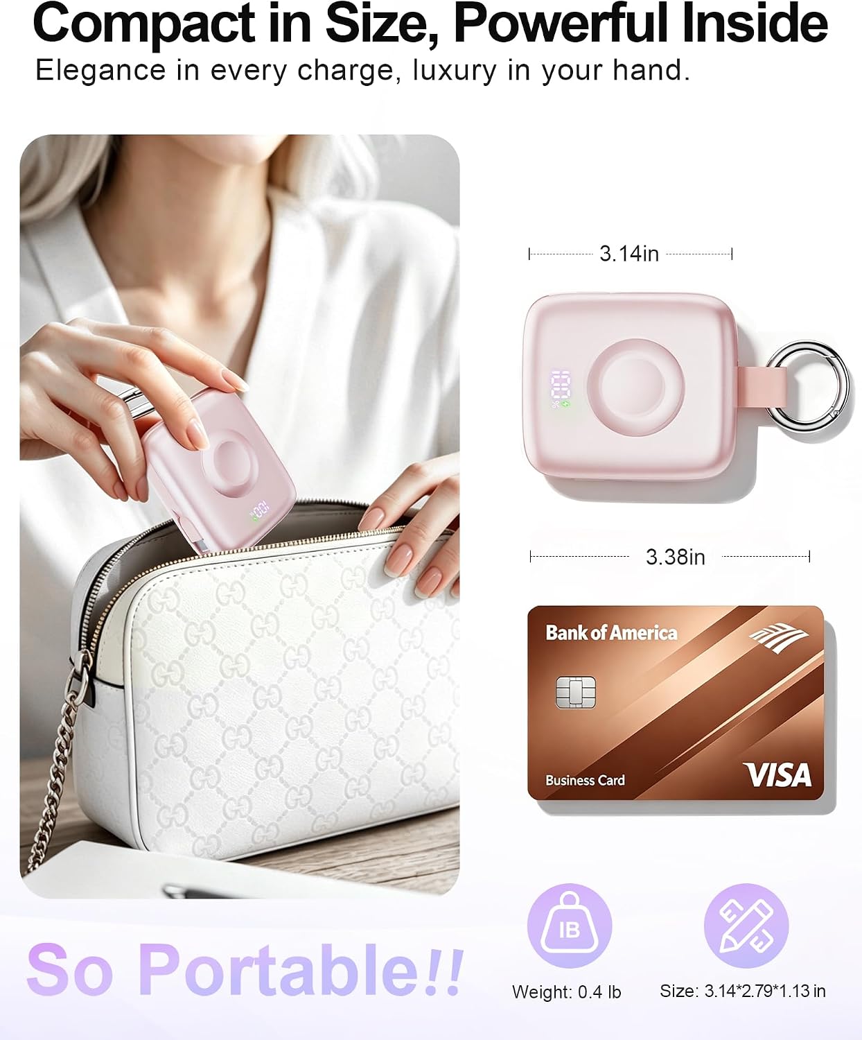 Portable Charger 3 in 1, Smaller 10000mAh Built-in Cables 22.5W Power Bank | Travel Essentials, Fast Charging Keychain Battery Pack for iPhone17/16/15/14/13, Android, iWatch Ultra/11/10/9/8, Pink