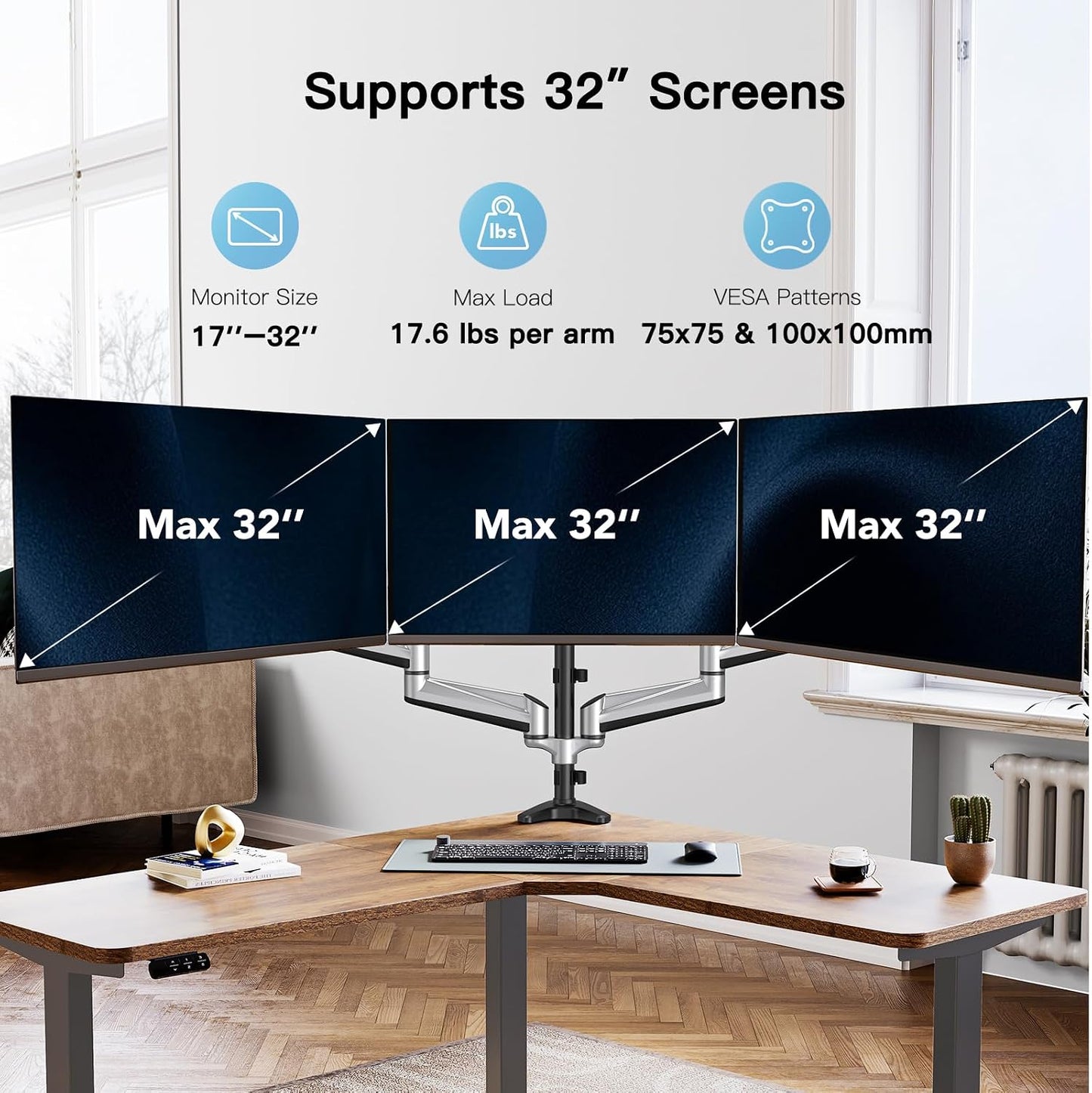 HUANUO Gaming Triple Monitor Stand, Full Motion Articulating Triple Monitor Mount Fit 17 to 32 inch Flat/Curved LCD Computer Screens with Clamp, Grommet Kit, Silver