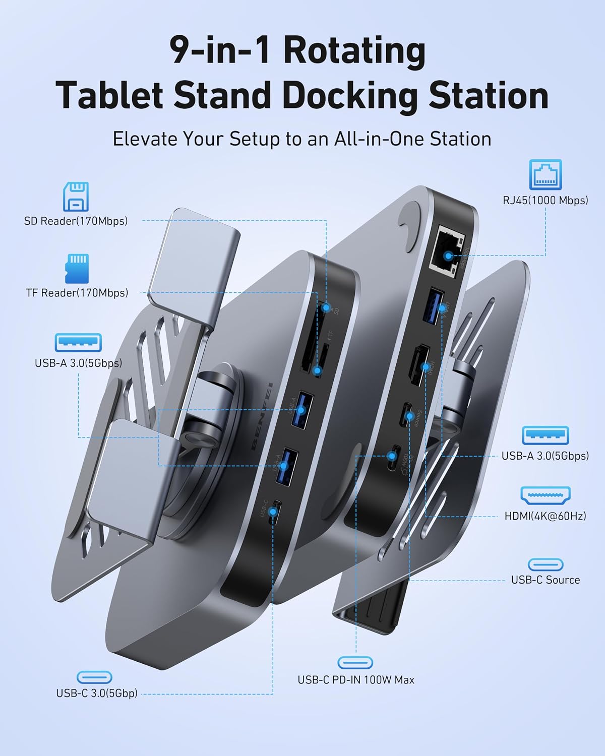 BENFEI USB C Hub Tablet Stand, 9-in-1 Foldable Rotating iPad Docking Station with 4K@60Hz HDMI, Ethernet, 1xUSB-C & 3X USB 3.0, 100W PD, SD/TF Card Reader for iPad Pro/Air/Mini