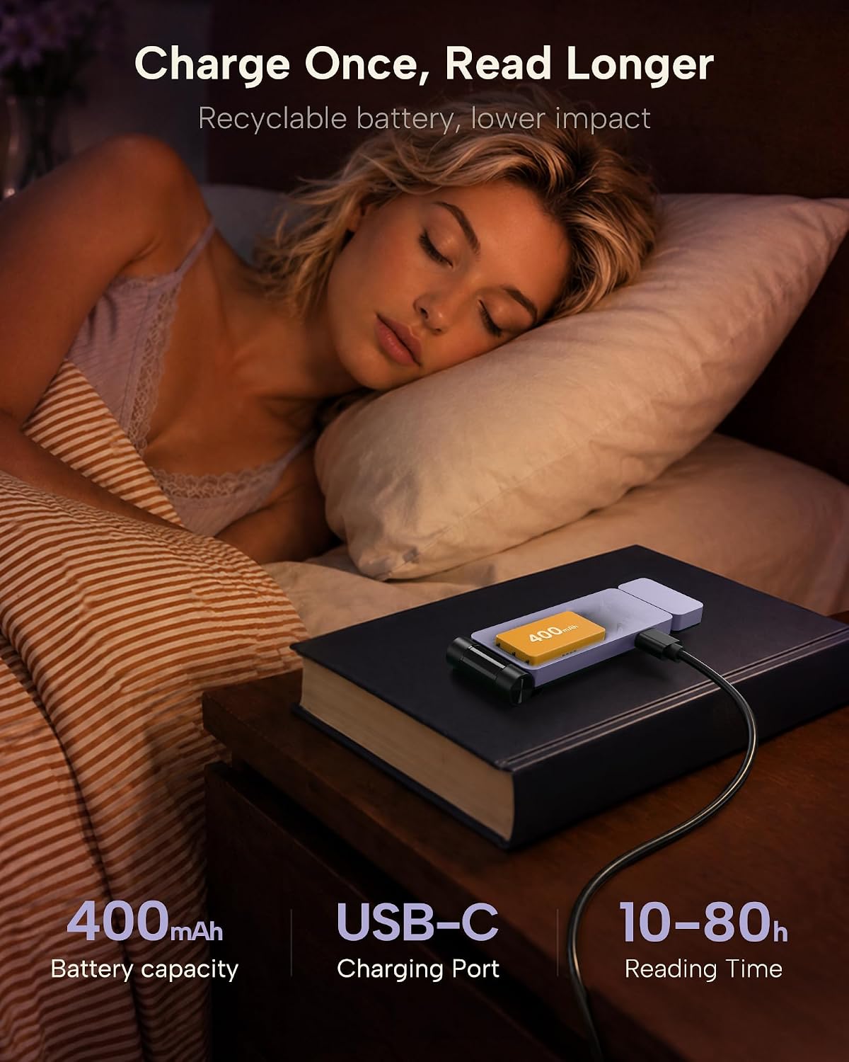 86lux Book Light, Rechargeable Clip-On LED Reading Light for Bed | 3 Color Temperatures with Stepless Dimming, Ultralight Bookmark Design for Book Lovers, Purple