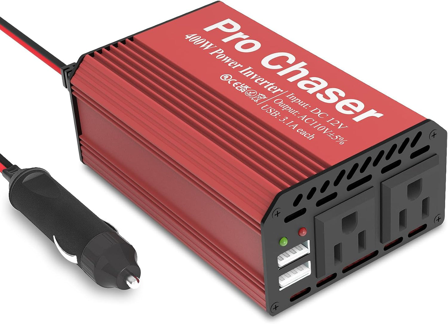 Pro Chaser 400W Power Inverters for Vehicles DC 12v to AC 110v Car Inverter | Car Converter, 6.2A Dual USB Charging Ports, Dual AC Adapter for Laptops Air Compressor