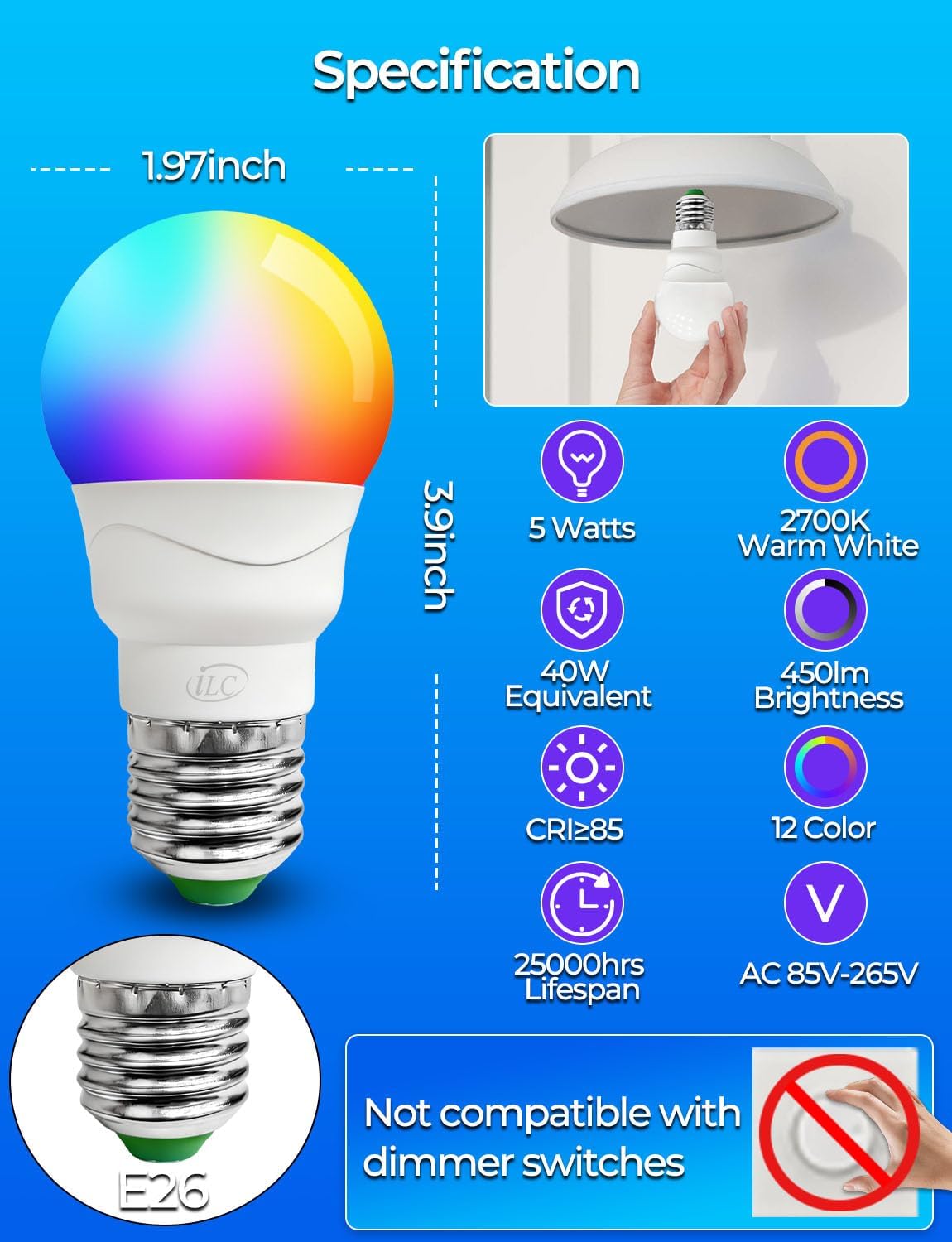 ILC RGB LED Light Bulb, Color Changing Light Bulb, 40W Equivalent, 450LM, 2700K Warm White 5W E26 Screw Base RGBW, A15 Colored Light Bulbs - 12 Color Choices - Timing Infrared Remote Control (4 Pack)