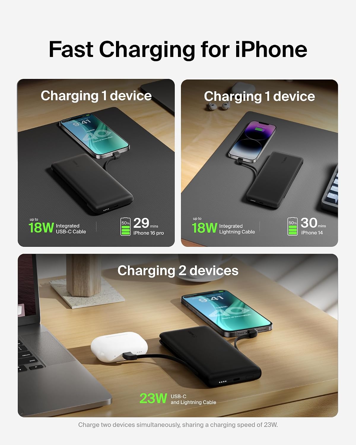 Belkin 10K 23W Portable Charger Power Bank, Integrated USB C and LTG Cables | Fast Charging, iPhone 17, Samsung Galaxy, Pixel, Airpods, iPad, Battery Pack, USB C Port, USB C Cable, Lightning Cable