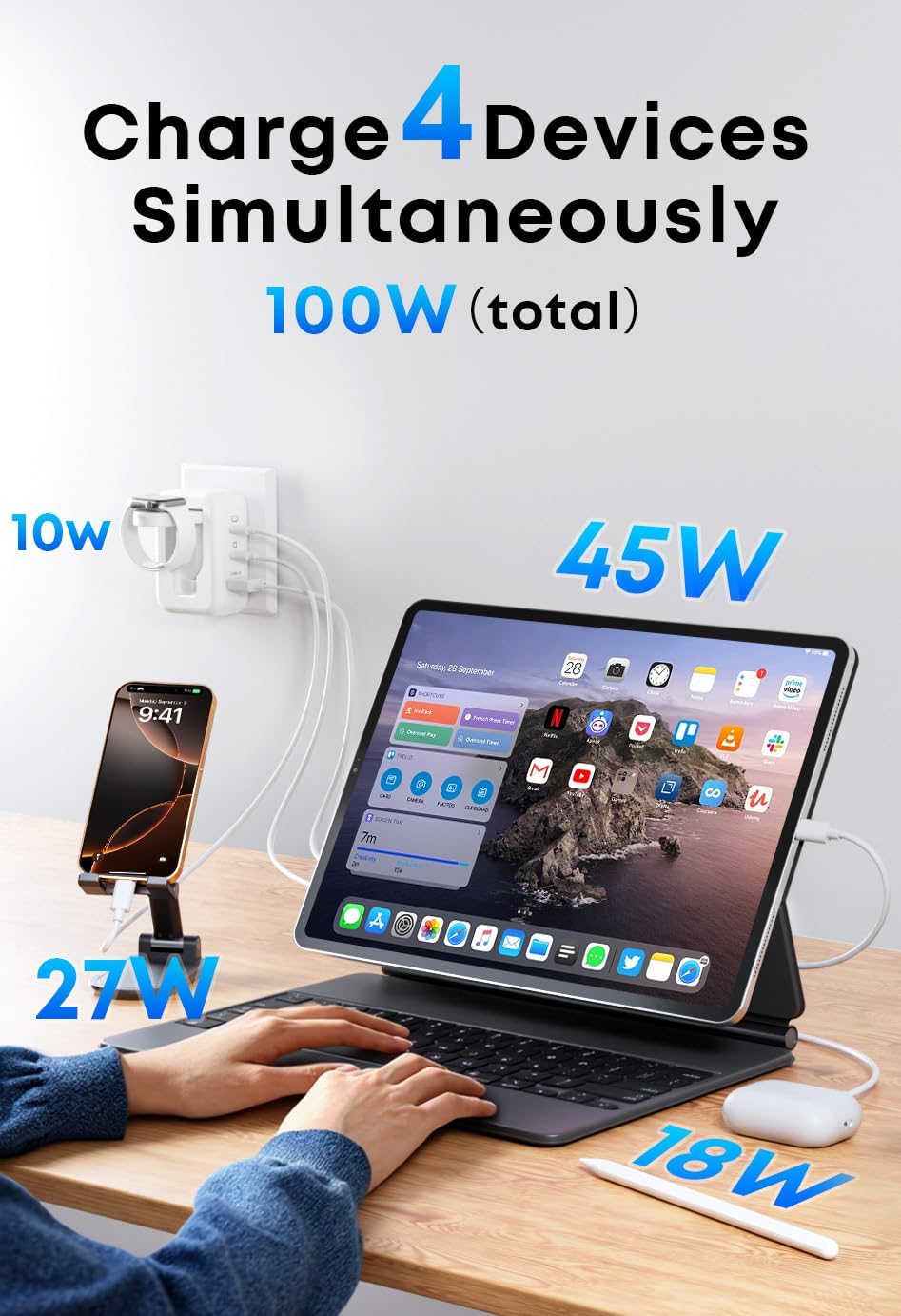 100W 4in1 Charger with Apple Watch Charging, Fast USB C Charger Block Dual Foldable Travel Essentials for iPhone 17/16/15 Series, iPad, MacBook Pro/Air, iWatch