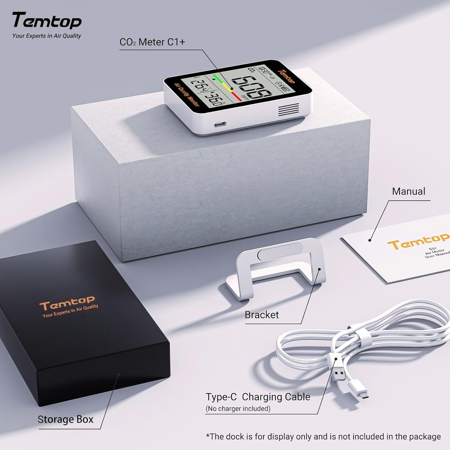 Temtop C1+ CO2 Monitor, Indoor Air Quality Monitor with BLE App | Portable CO2 Meter, CO2 Temperature Humidity Detector, Real-Time Data Sync for Home, Office, School, Baby Room