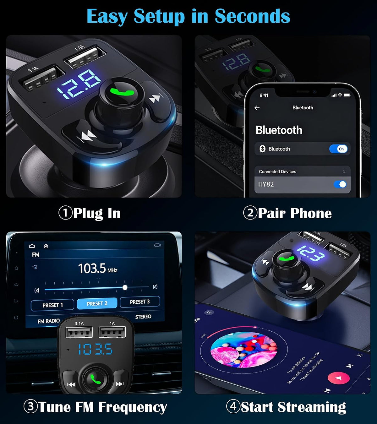 LIHAN Bluetooth Car Adapter 5.3, FM Transmitter, Dual USB Charger | Stream music, Spotify and GPS navigation with hands-free calling while charging two devices through dual USB ports