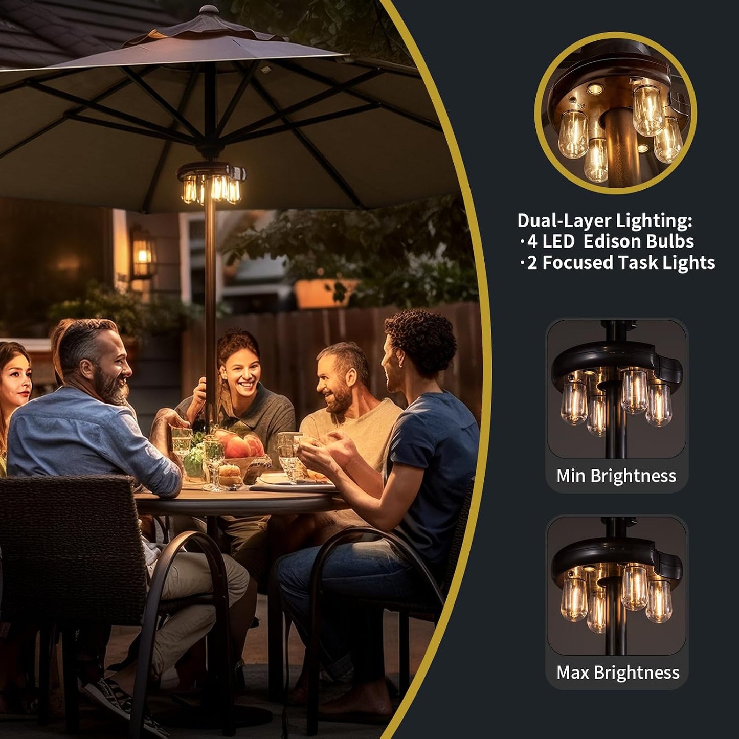 Patio Umbrella Light with Remote Control, Rechargeable Cordless LED Edison Bulbs Pole Light with 10 Brightness Levels for Garden, Patio, Backyard, Camping or BBQ - Brown (1 Pack)
