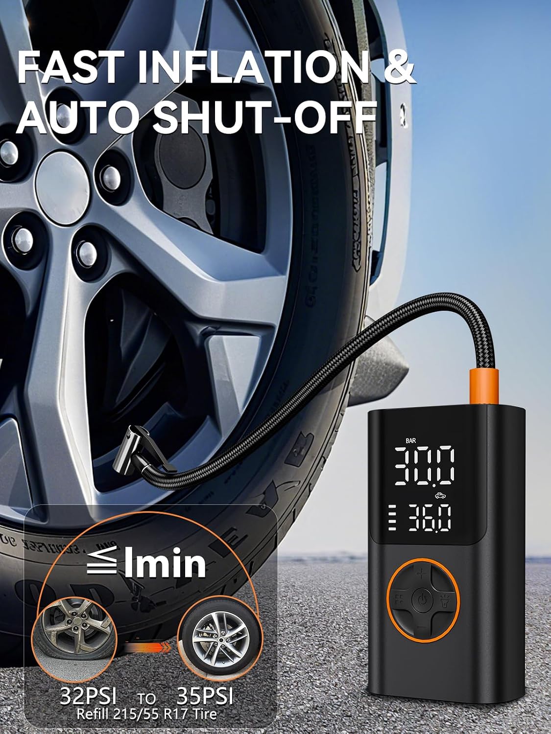 Tire Inflator Portable Air Compressor, 150PSI Fast Inflation | Cordless Air Pump for Car Tires, Bikes, Motorcycles, Auto Shut-off, Digital Gauge & LED Light, Rechargeable Battery
