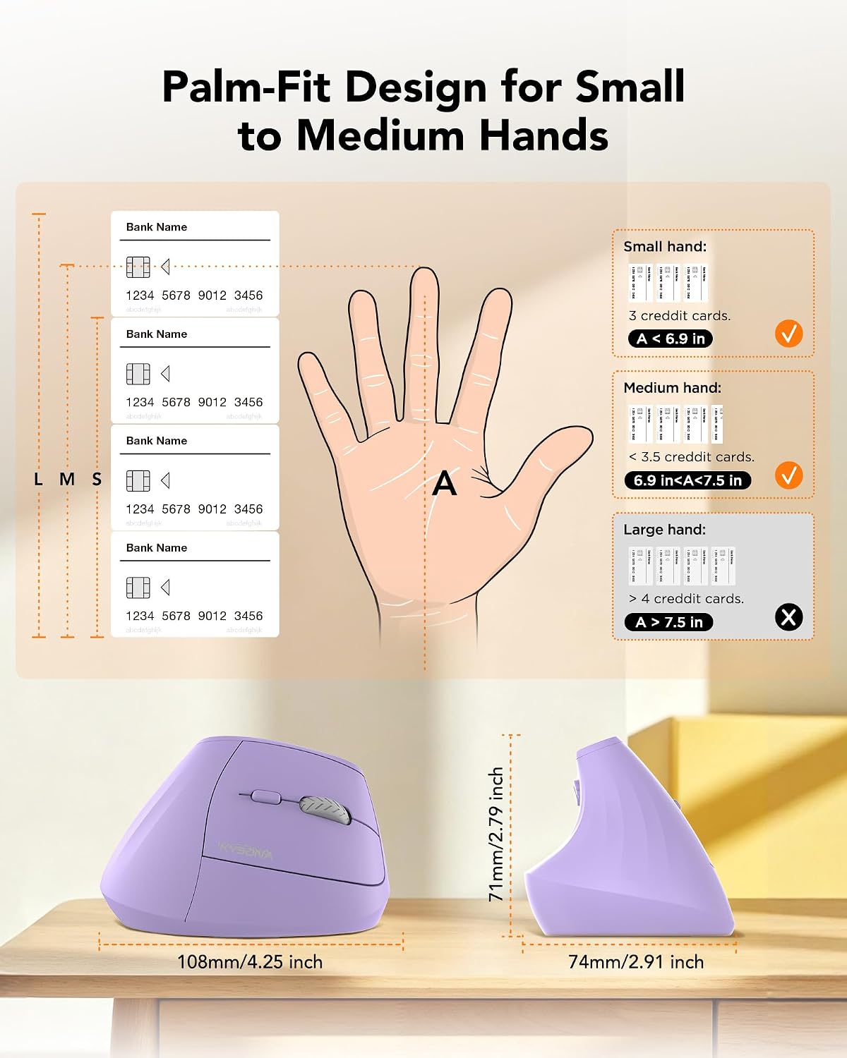 KYSONA Ergonomic Mouse Wireless, Bluetooth Vertical Mouse, 5-Level Adjustable DPI, 2.4G Silent Switch Mice for Windows, MacOS, IPadOS, Laptop, PC, Purple