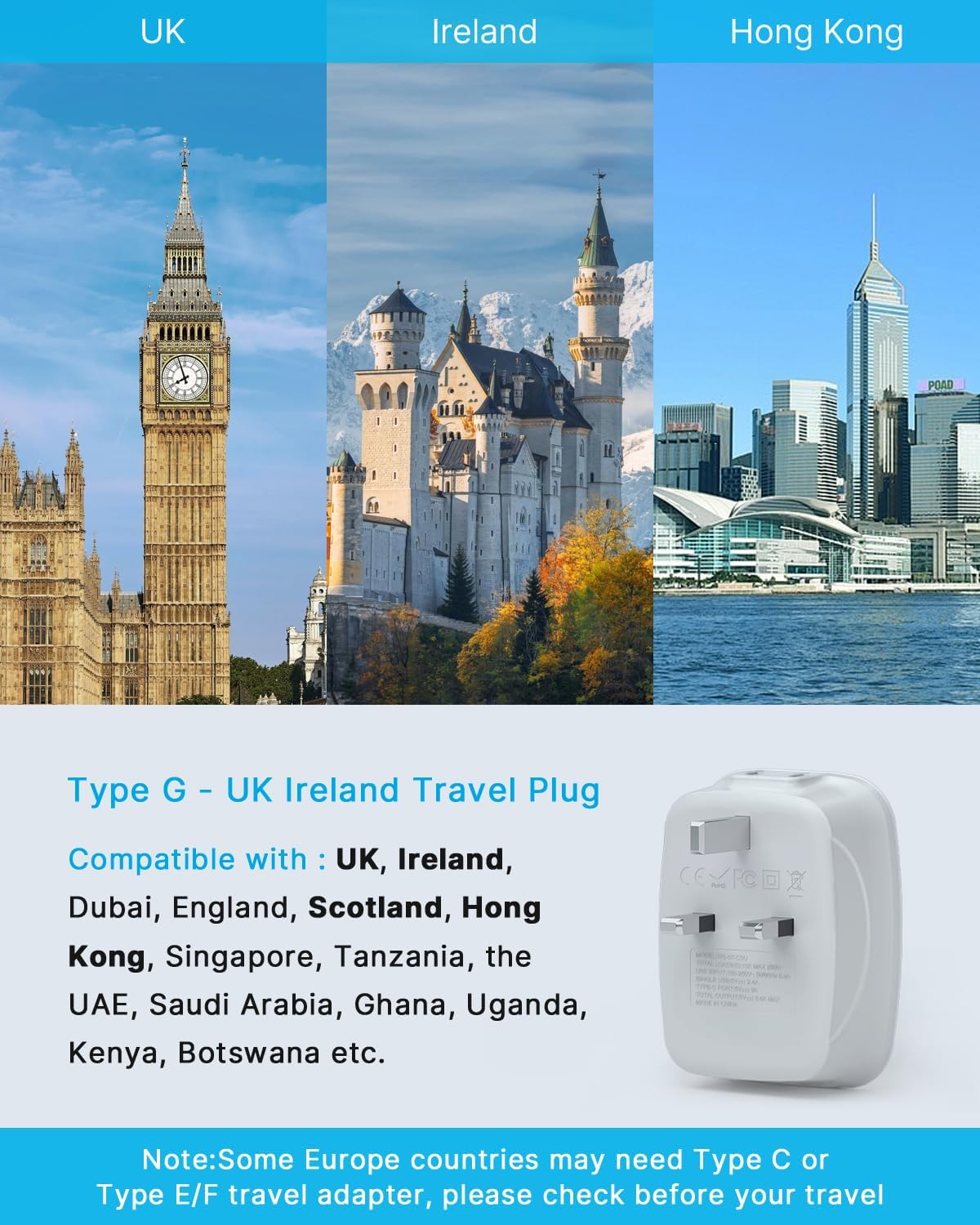 VINTAR US to UK Ireland Travel Plug Adapter, 2 Pack Type G Power Adapter | 6 in 1 with 2 Outlets and 4 USB Ports(1 USB C), Travel Essentials for USA to England London Scotland Dubai Hong Kong British