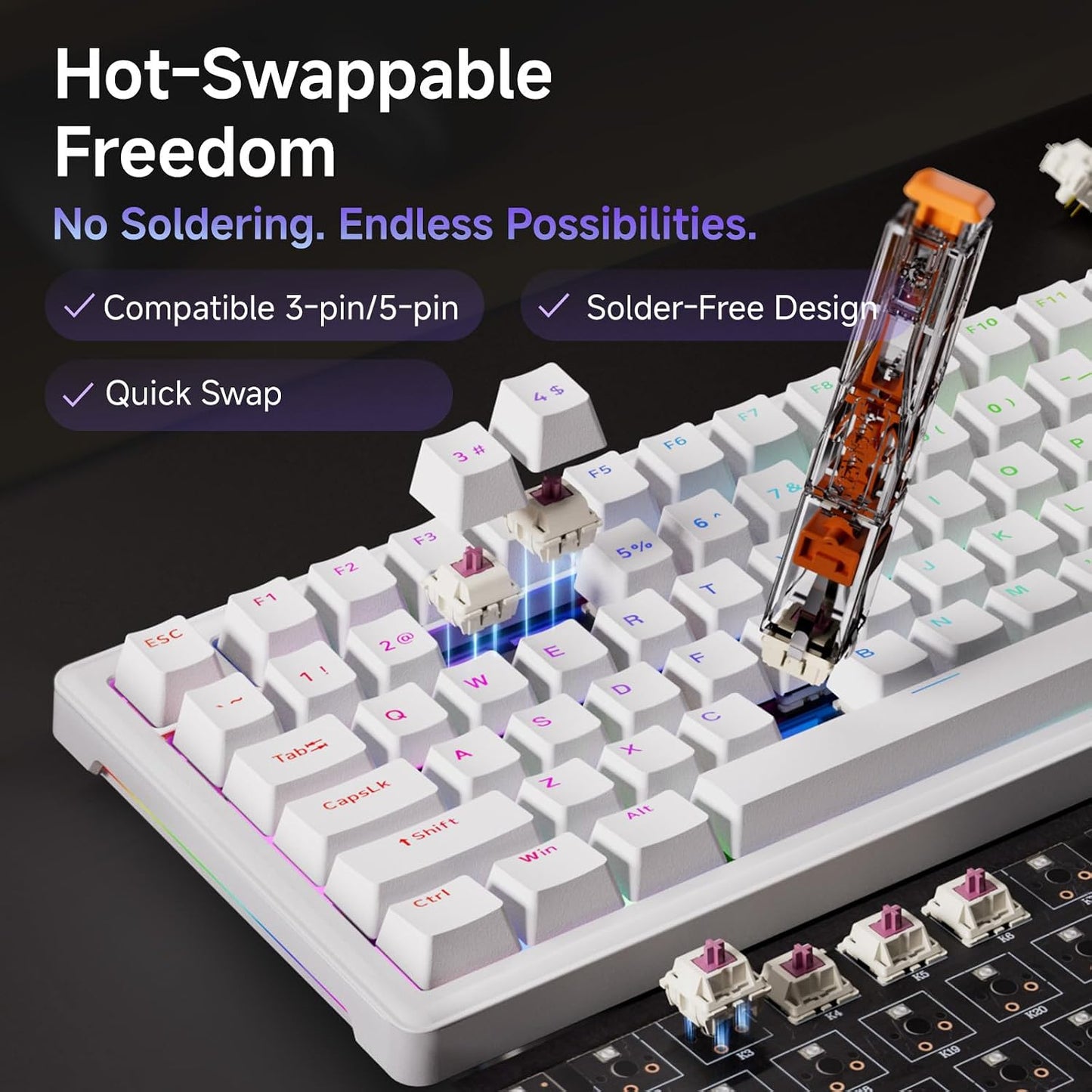 DIERYA DK81E 75% Mechanical Gaming Keyboard, Hot-Swappable, Wired, White | Gasket Mount, Pre-Lubed Linear Switches, 6-Layer Foam, Programmable, Volume Knob, RGB Backlight, Double-Shot Keycaps