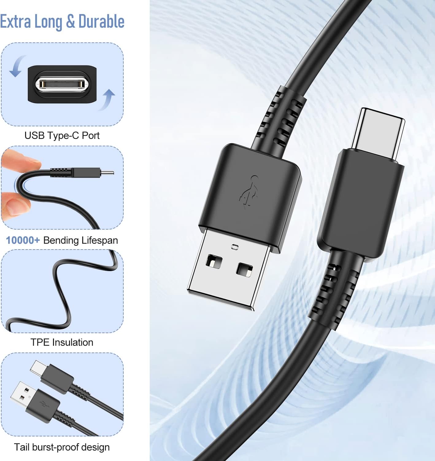 Samsung Galaxy S10/S9/S8 2 Pack Adaptive Charger with USB-C Cable 6FT Black | USB Type-C fast charging cables for Galaxy S10e/S20/S21/Note 8/9/10/20/A70/A50/A51/A52/A42/A32/A13/A12 Ultra Plus, 6FT Black