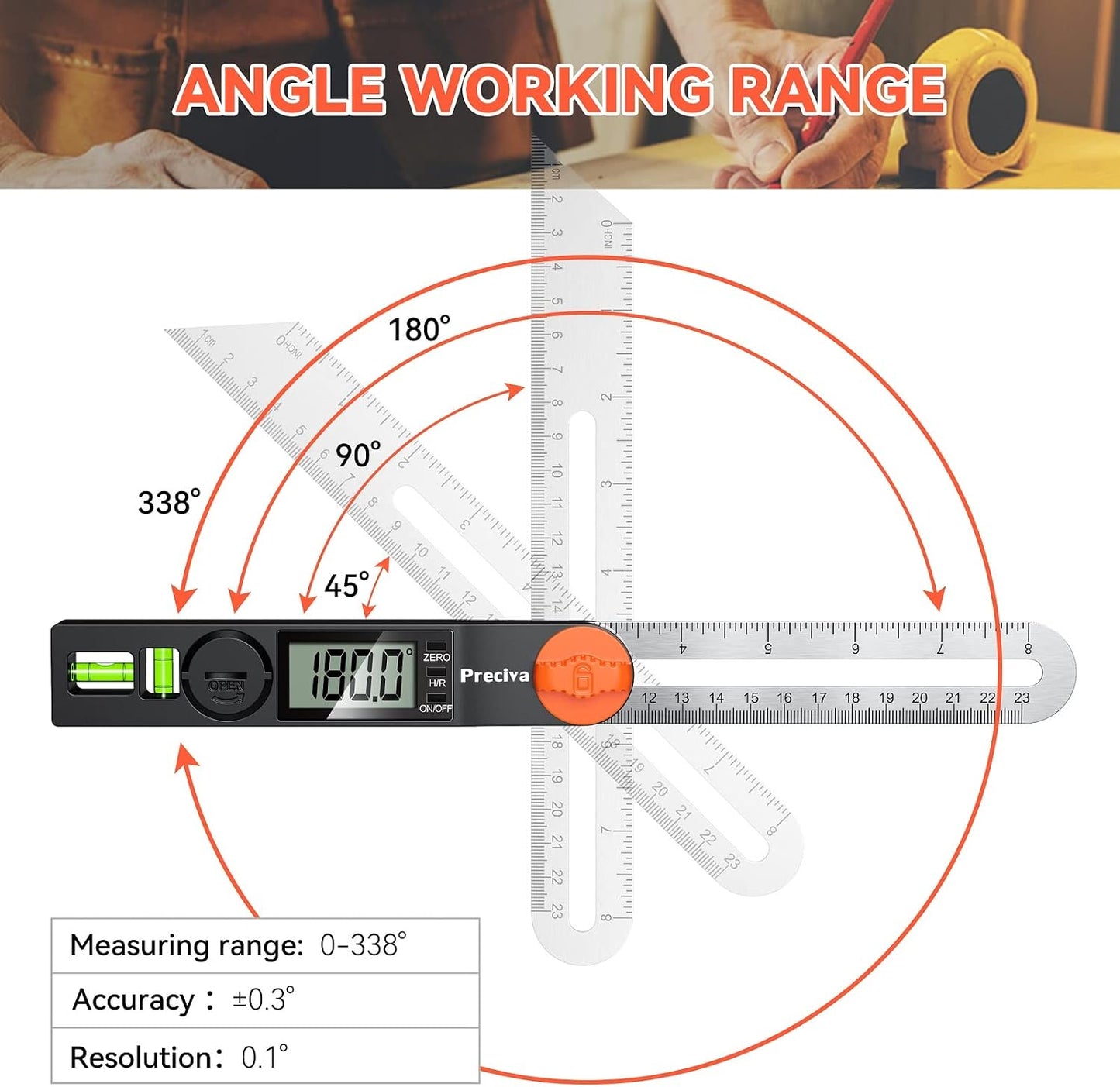 Preciva T-Bevel Gauge & Protractor with Horizontal and Vertical Bubble,0-338° Digital Angle Finder Protractor 230mm/8inch Display for Carpentry Woodworking, Metalworking, Construction